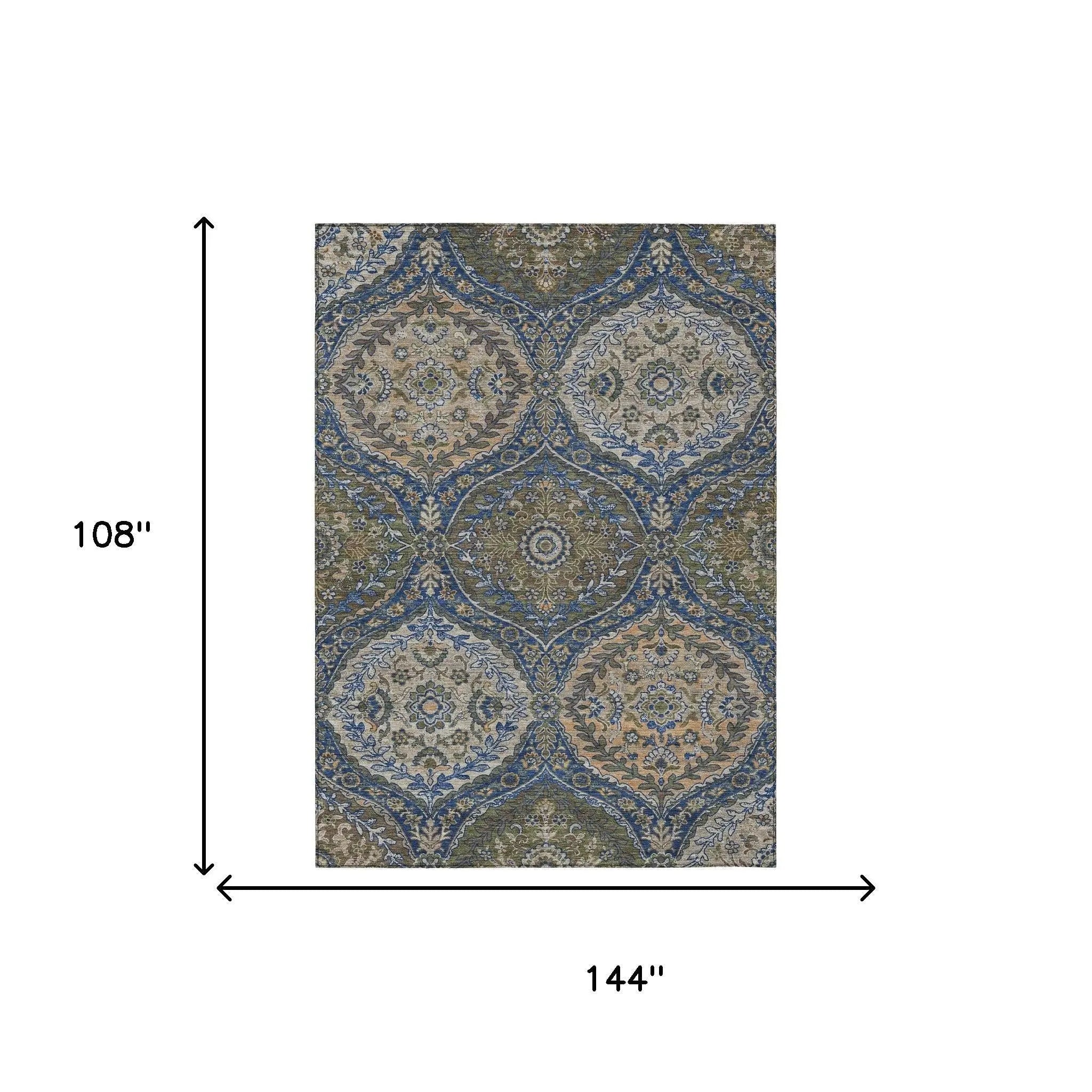 9' X 12' Navy Blue And Linen Ogee Washable Indoor Outdoor Area Rug Homeroots Outdoor