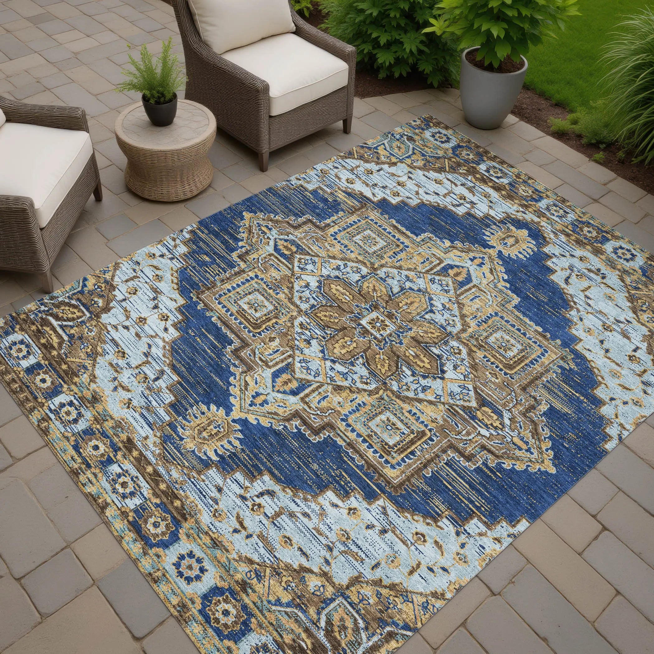 9' X 12' Navy Blue And Linen Oriental Washable Indoor Outdoor Area Rug Homeroots Outdoor