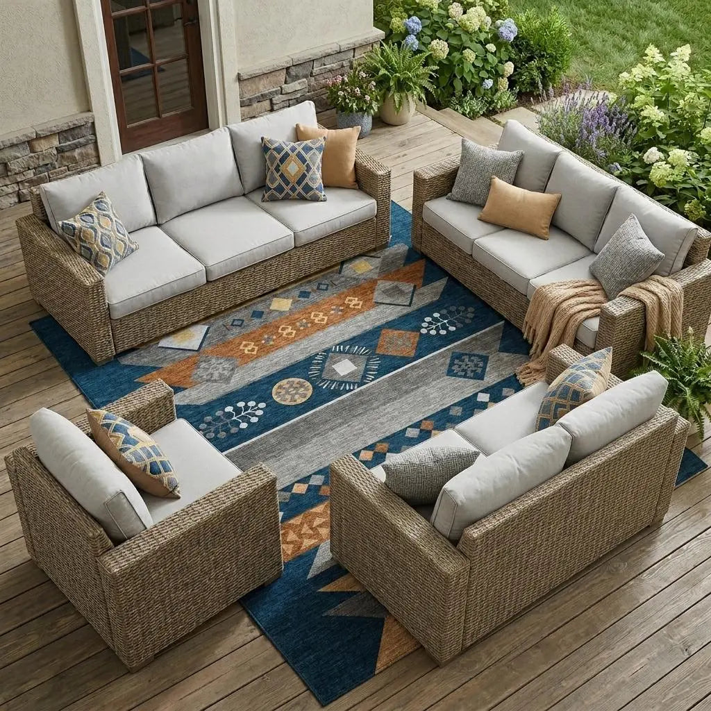 9' X 12' Navy Blue And Orange Geometric Washable Indoor Outdoor Area Rug Homeroots Outdoor