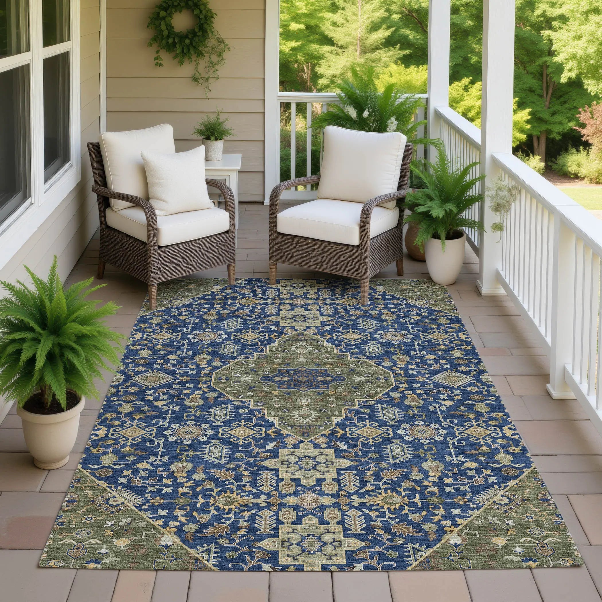 9' X 12' Navy Blue And Pewter Medallion Washable Indoor Outdoor Area Rug Homeroots Outdoor
