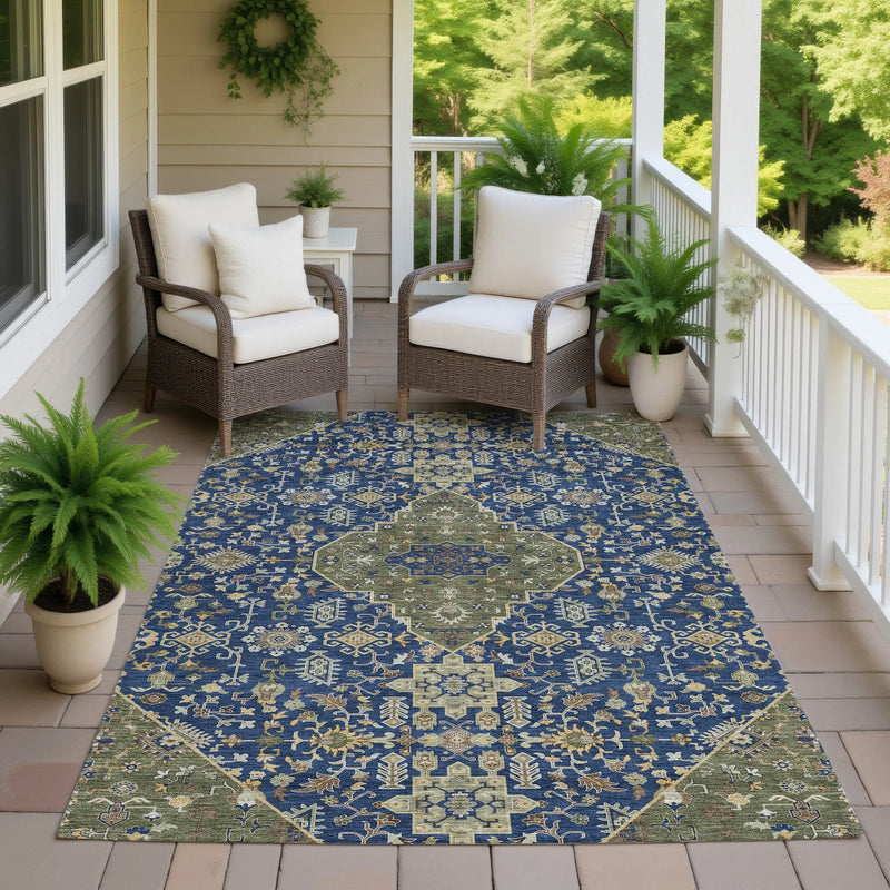 9' X 12' Navy Blue And Pewter Medallion Washable Indoor Outdoor Area Rug Homeroots Outdoor
