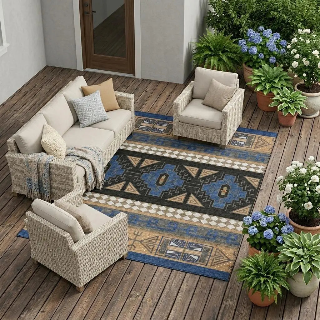 9' X 12' Navy Blue And Salmon Tribal Washable Indoor Outdoor Area Rug Homeroots Outdoor