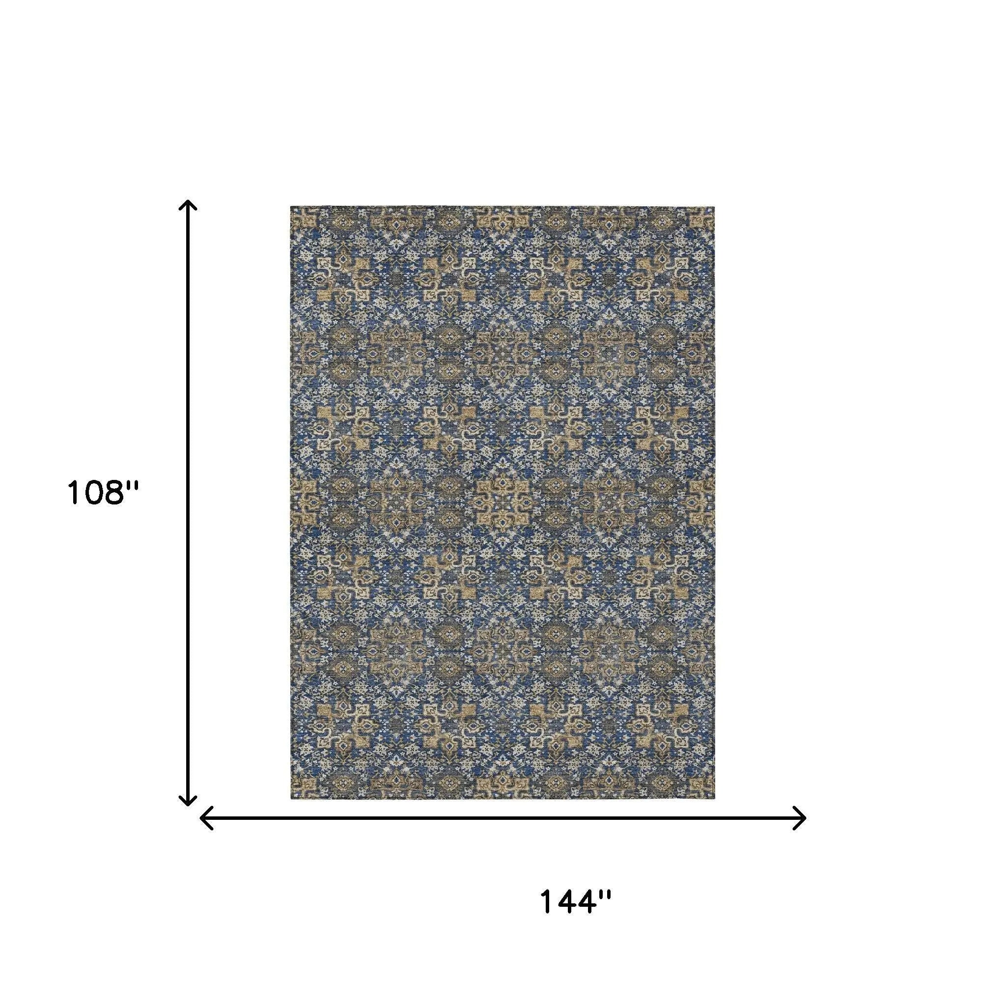9' X 12' Navy Blue And Silver Oriental Washable Indoor Outdoor Area Rug Homeroots Outdoor