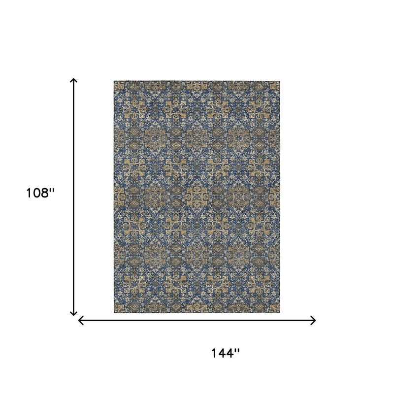 9' X 12' Navy Blue And Silver Oriental Washable Indoor Outdoor Area Rug Homeroots Outdoor
