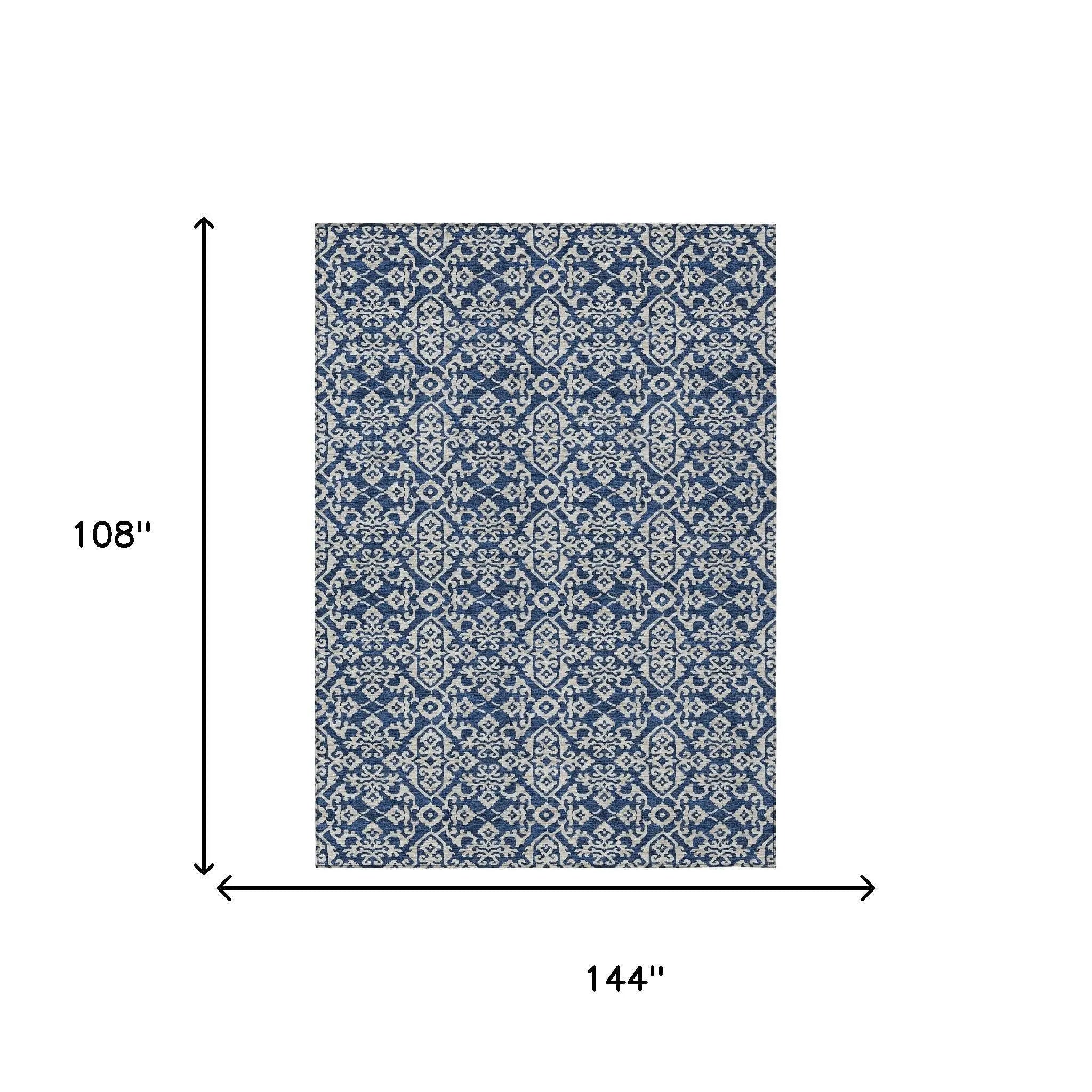 9' X 12' Navy Blue And Silver Oriental Washable Indoor Outdoor Area Rug Homeroots Outdoor