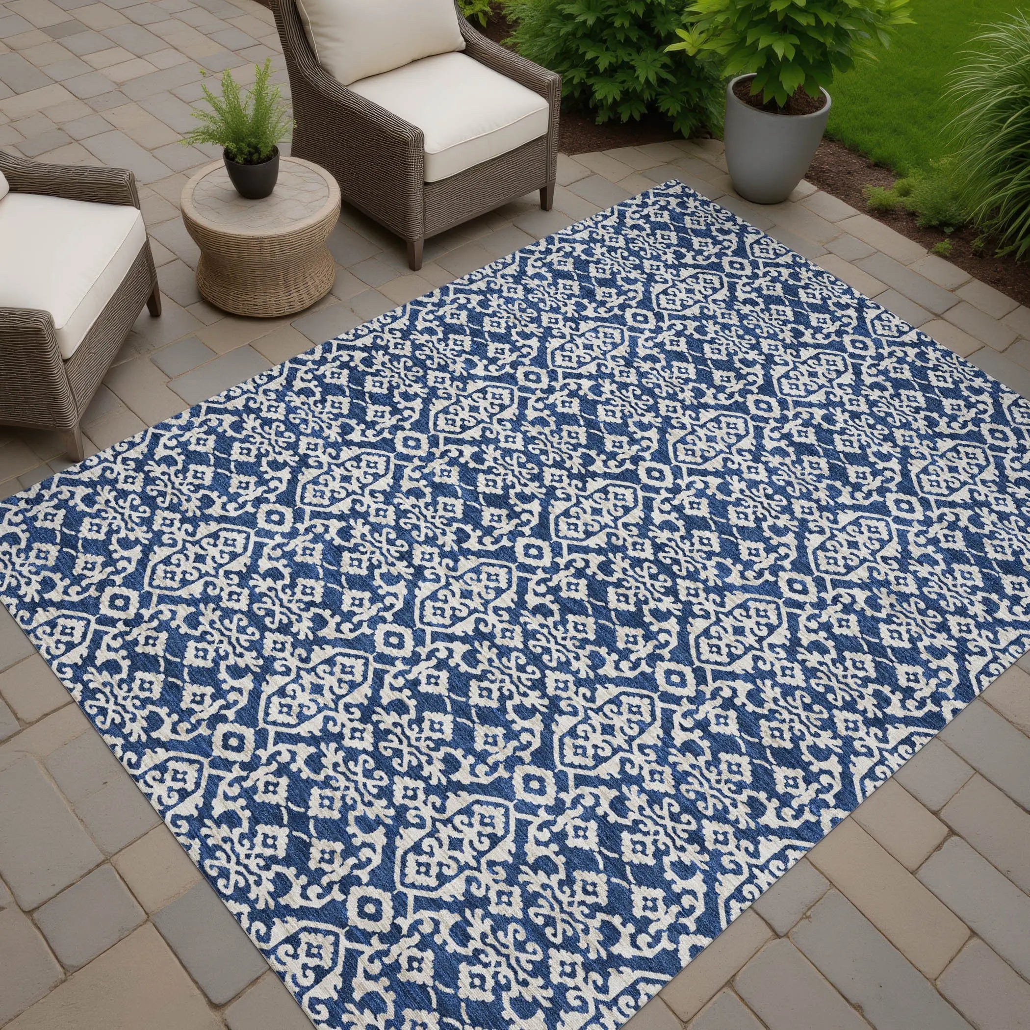 9' X 12' Navy Blue And Silver Oriental Washable Indoor Outdoor Area Rug Homeroots Outdoor