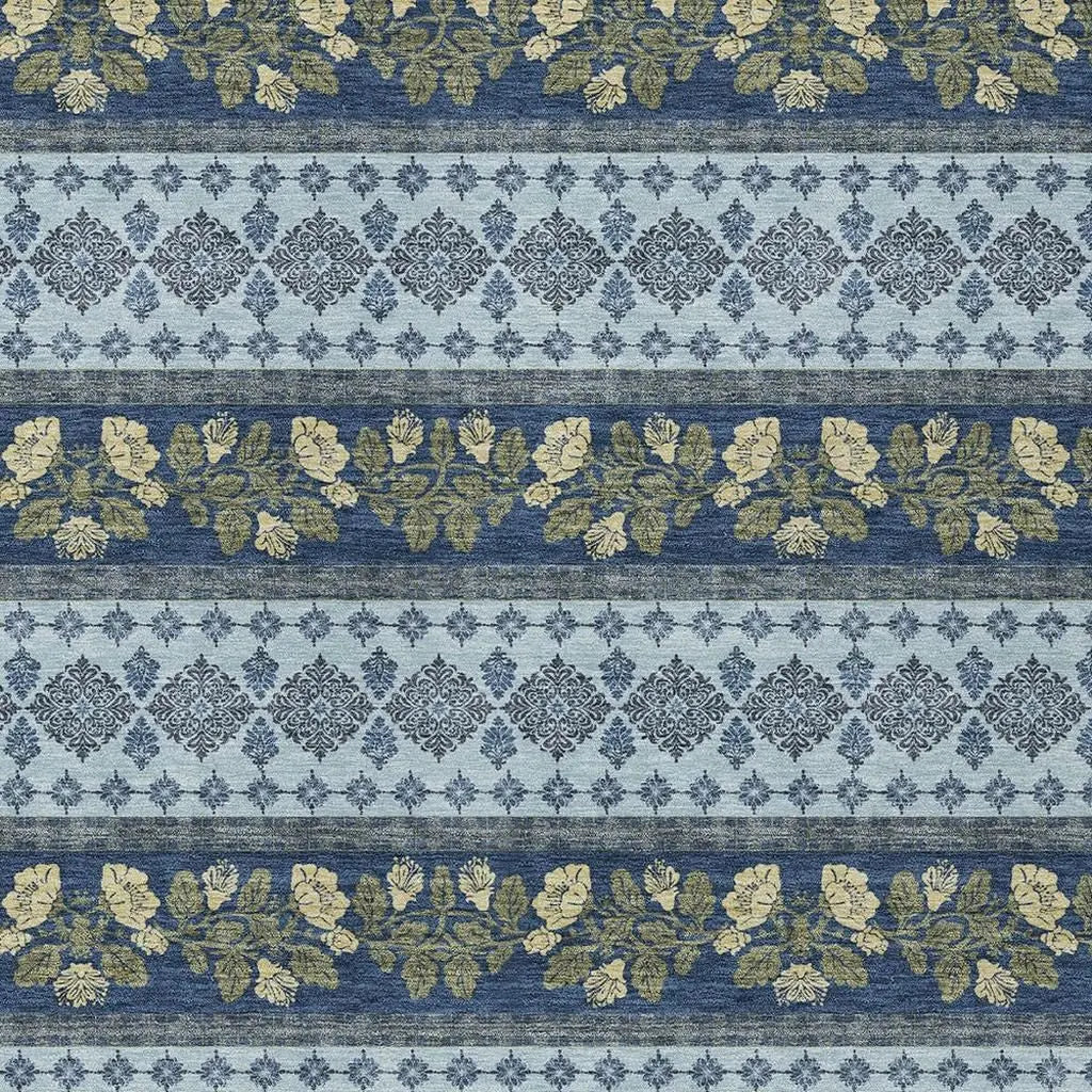 9' X 12' Navy Blue And Sky Blue Striped Washable Indoor Outdoor Area Rug Homeroots Outdoor