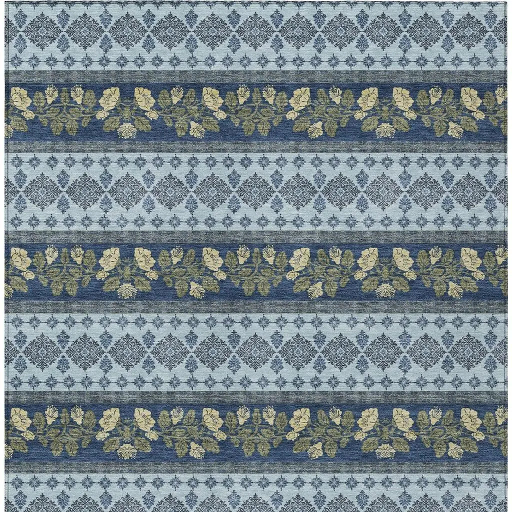 9' X 12' Navy Blue And Sky Blue Striped Washable Indoor Outdoor Area Rug Homeroots Outdoor