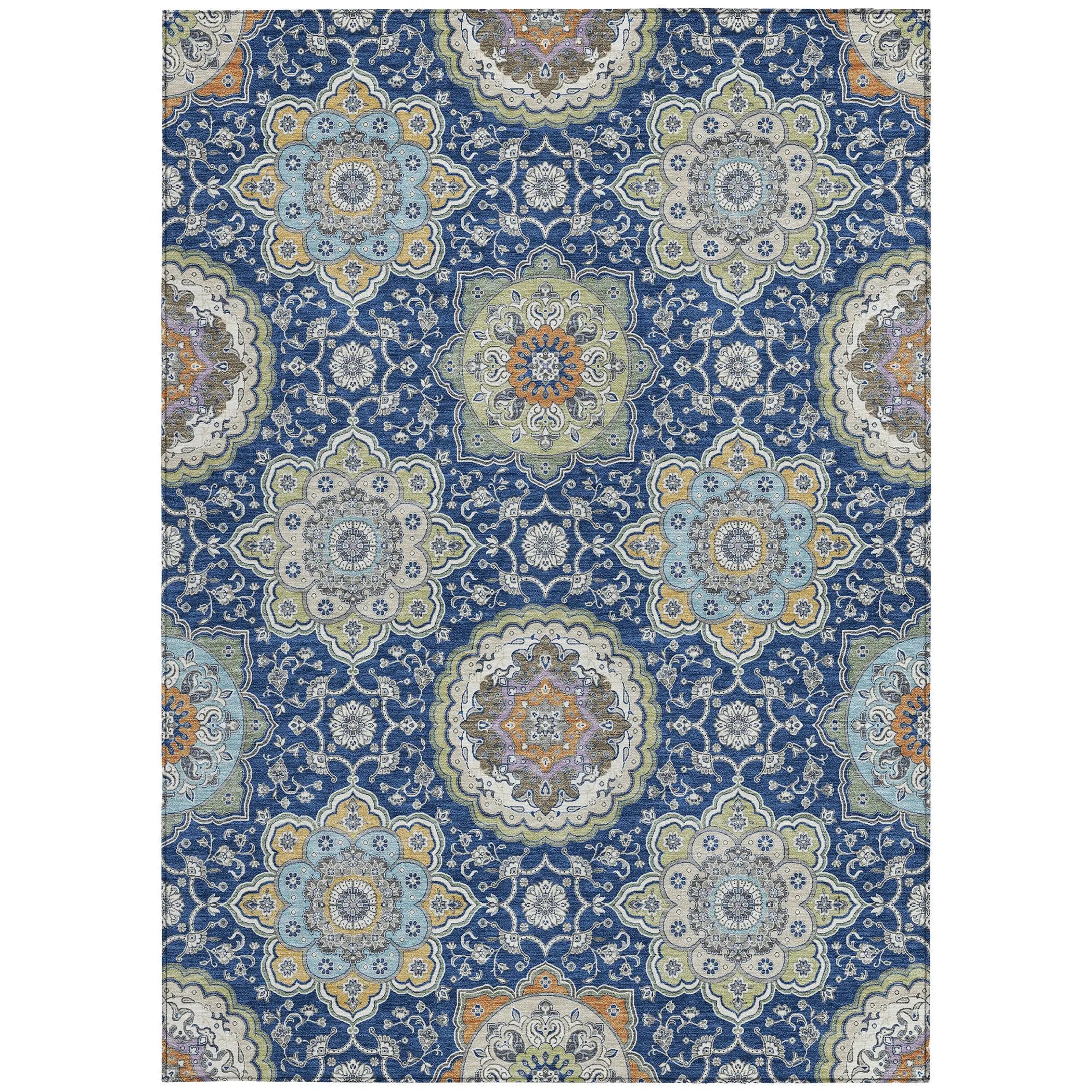 9' X 12' Navy Blue And Taupe Floral Medallion Washable Indoor Outdoor Area Rug Homeroots Outdoor