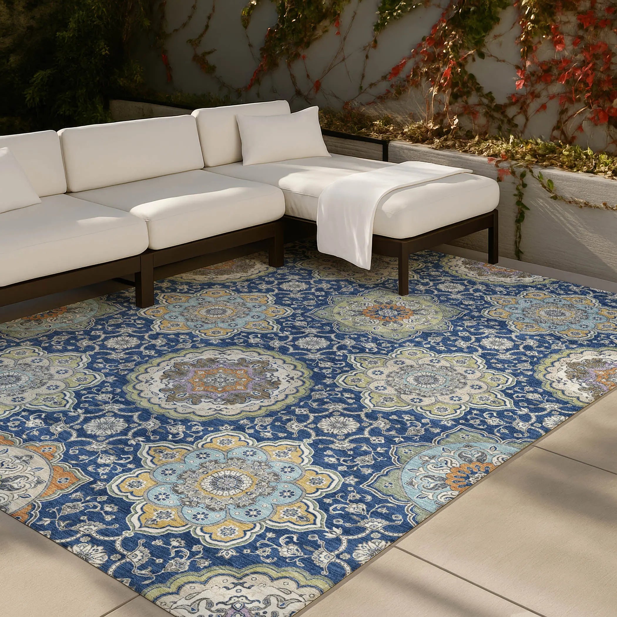 9' X 12' Navy Blue And Taupe Floral Medallion Washable Indoor Outdoor Area Rug Homeroots Outdoor