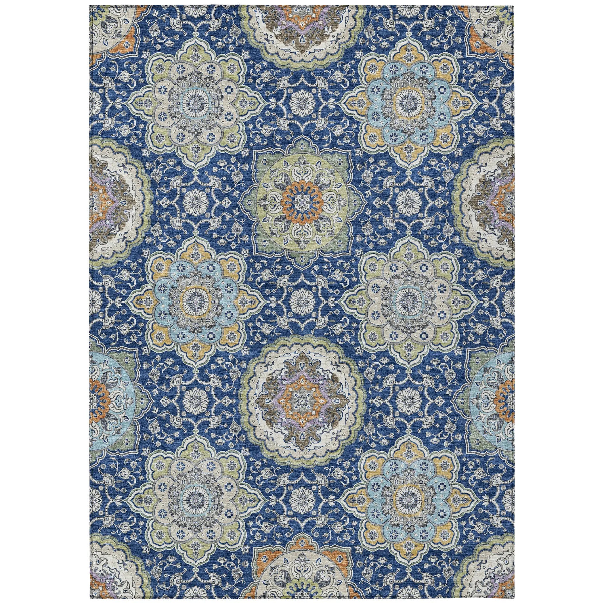 9' X 12' Navy Blue And Taupe Floral Medallion Washable Indoor Outdoor Area Rug Homeroots Outdoor