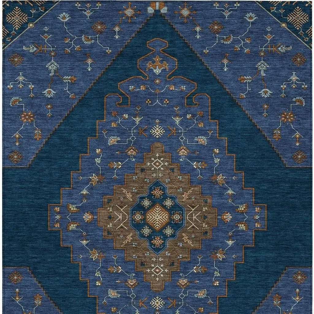 9' X 12' Navy Blue And Teal Blue Geometric Washable Indoor Outdoor Area Rug Homeroots Outdoor