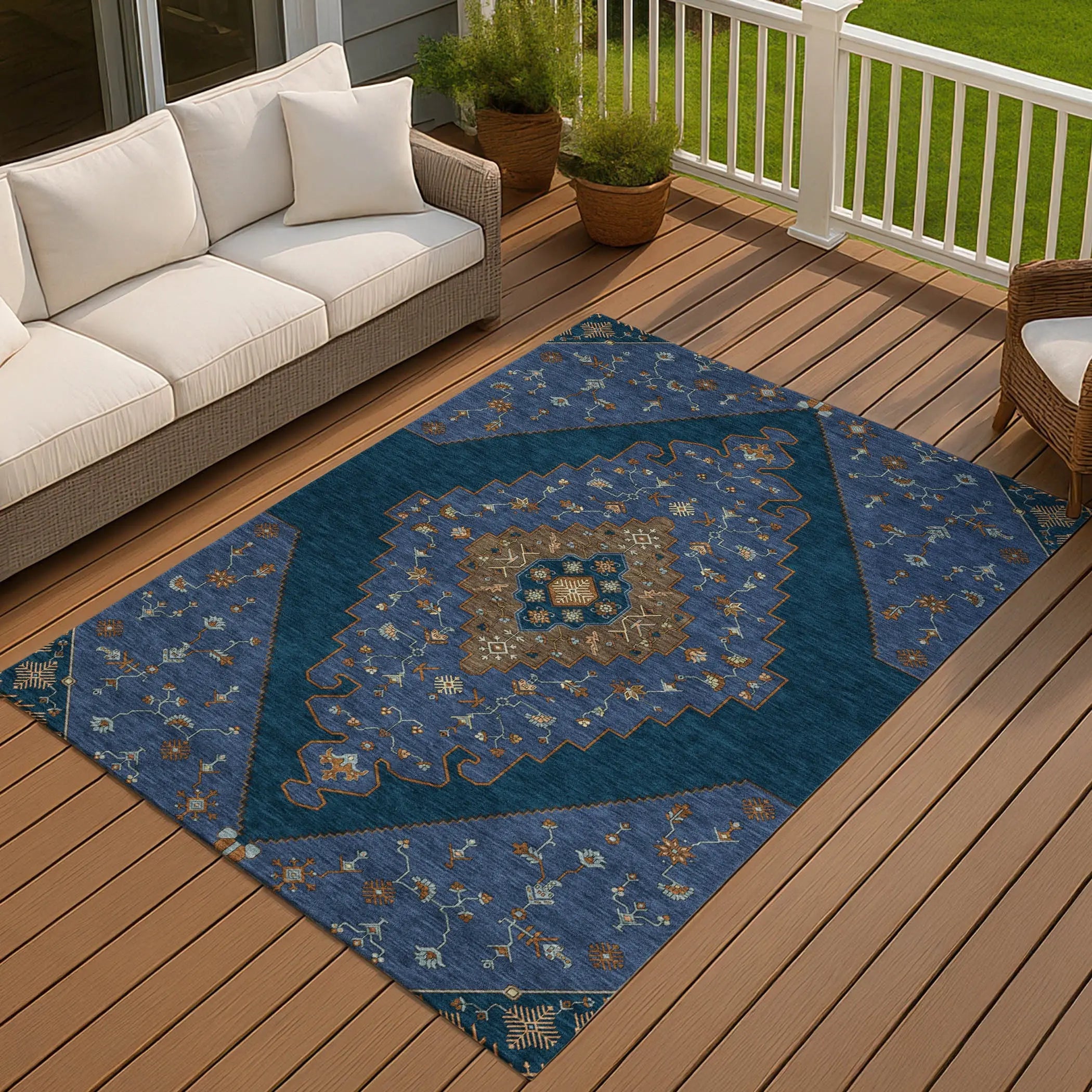 9' X 12' Navy Blue And Teal Blue Geometric Washable Indoor Outdoor Area Rug Homeroots Outdoor