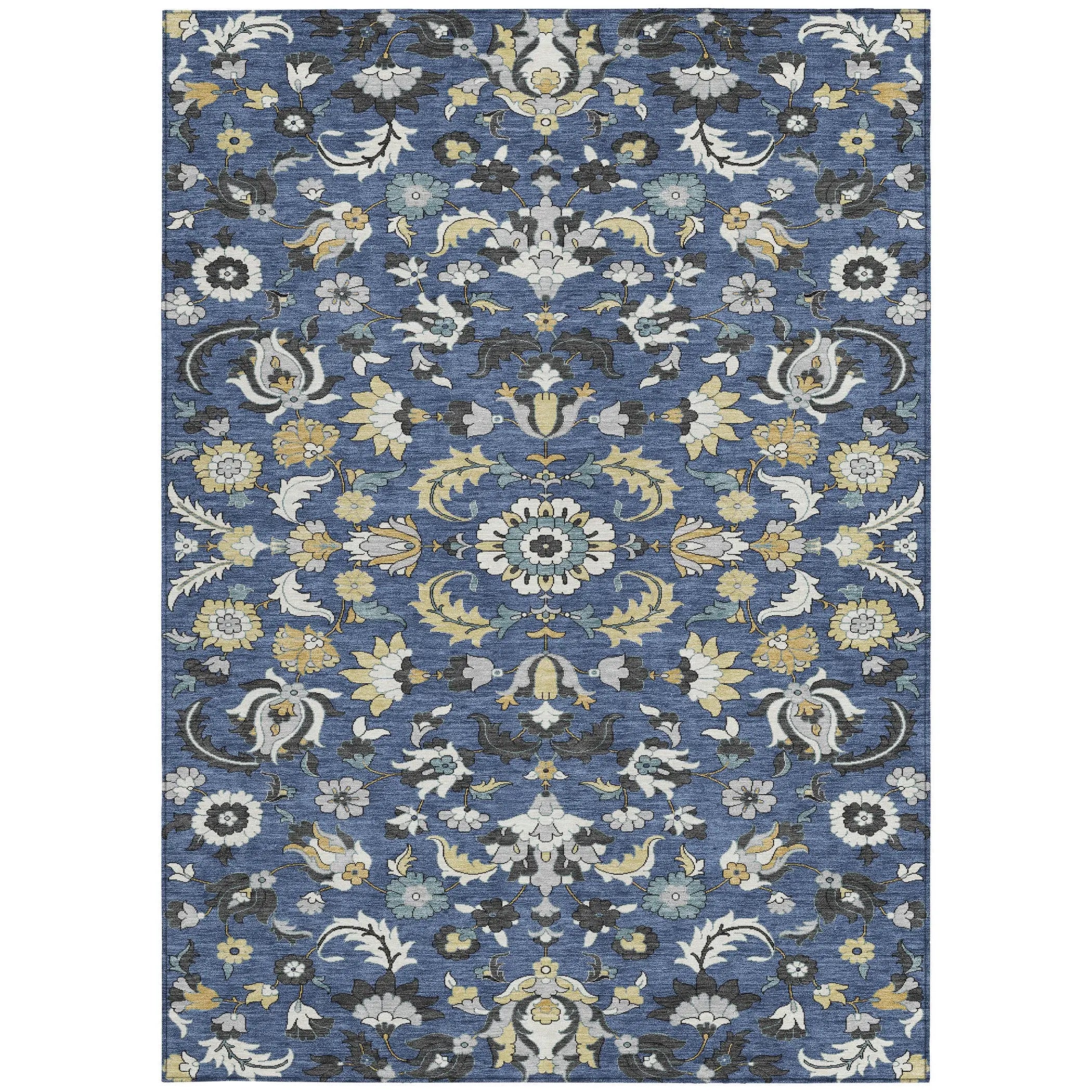 9' X 12' Navy Blue And Wheat Floral Medallion Washable Indoor Outdoor Area Rug Homeroots Outdoor