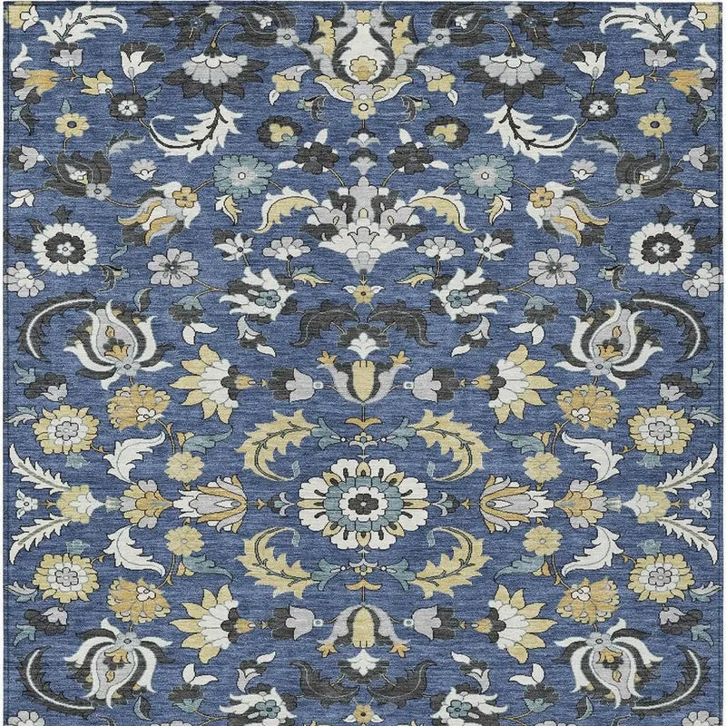9' X 12' Navy Blue And Wheat Floral Medallion Washable Indoor Outdoor Area Rug Homeroots Outdoor