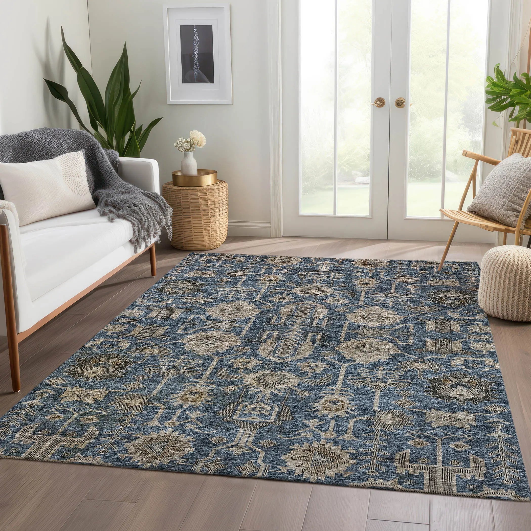 9' X 12' Navy Blue Beige And Taupe Oriental Washable Indoor Outdoor Area Rug Homeroots Outdoor