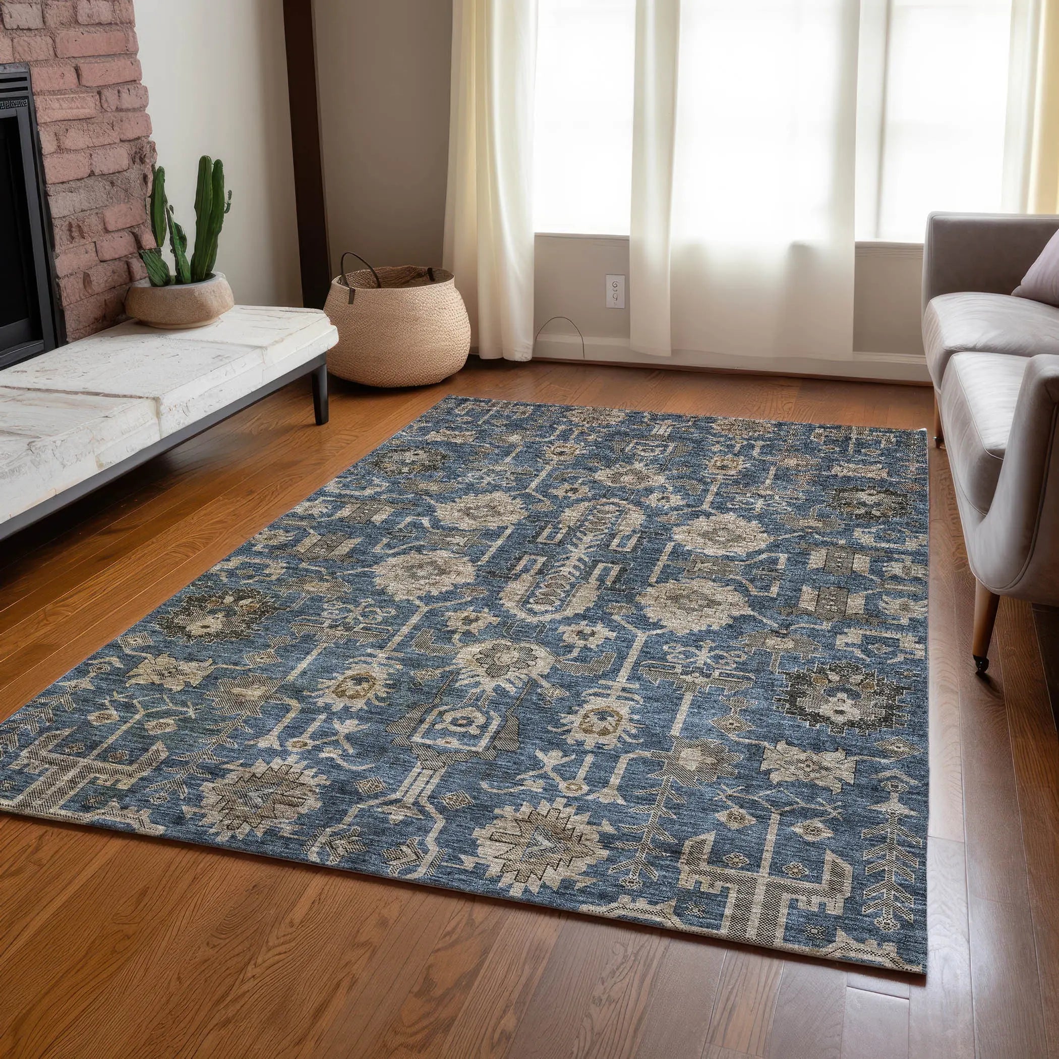 9' X 12' Navy Blue Beige And Taupe Oriental Washable Indoor Outdoor Area Rug Homeroots Outdoor