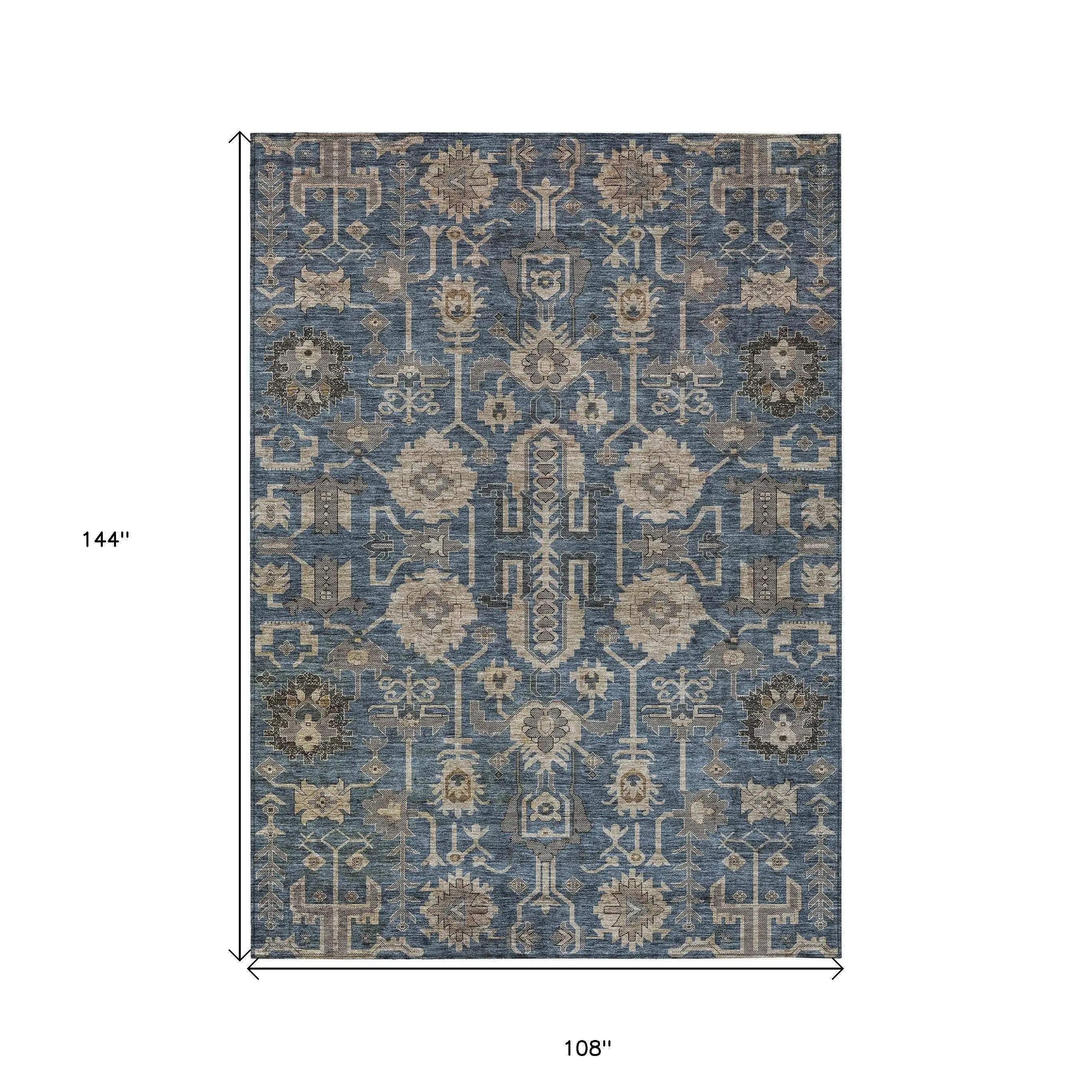 9' X 12' Navy Blue Beige And Taupe Oriental Washable Indoor Outdoor Area Rug Homeroots Outdoor