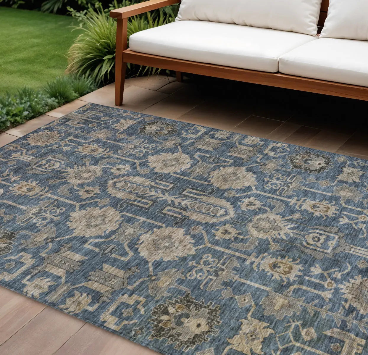 9' X 12' Navy Blue Beige And Taupe Oriental Washable Indoor Outdoor Area Rug Homeroots Outdoor
