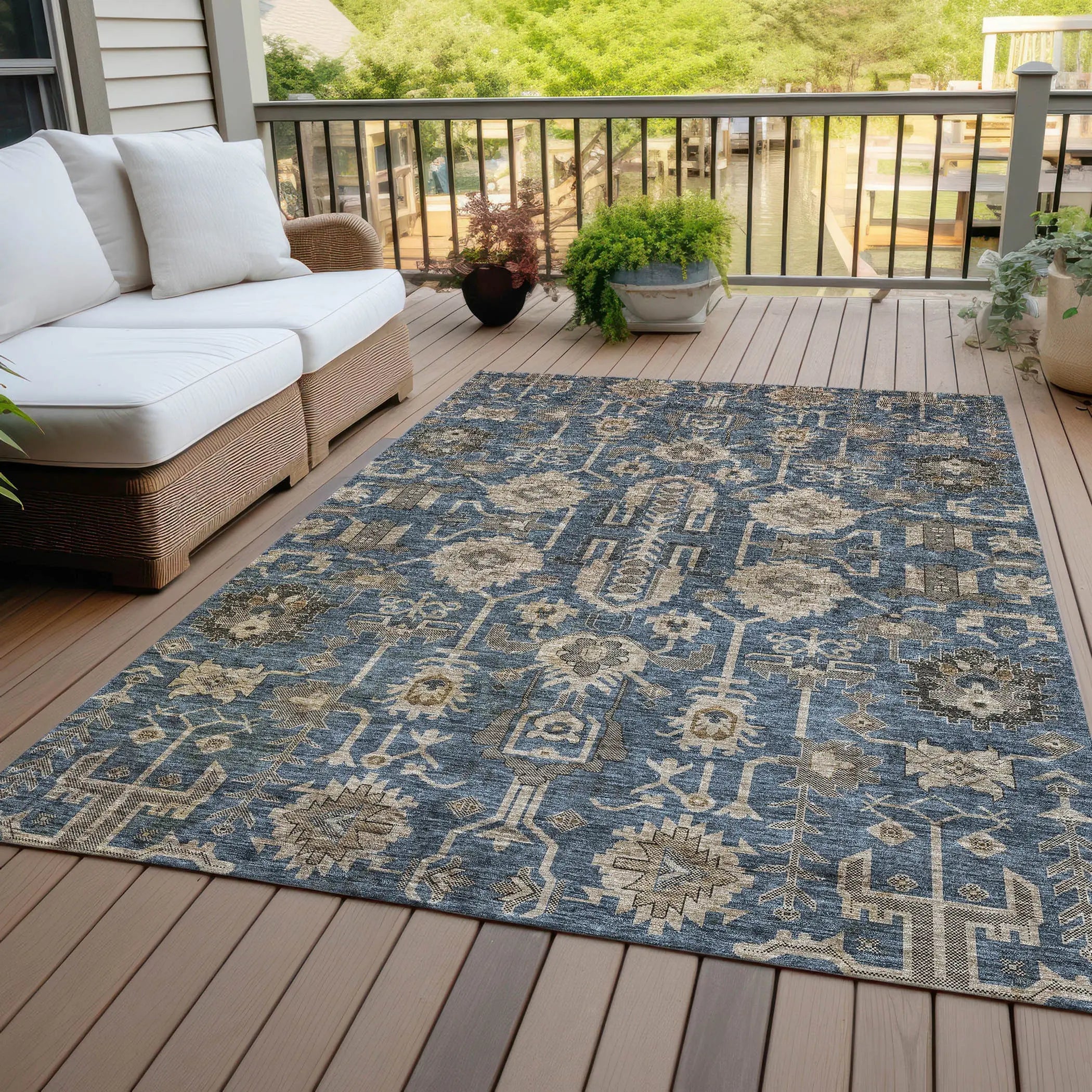 9' X 12' Navy Blue Beige And Taupe Oriental Washable Indoor Outdoor Area Rug Homeroots Outdoor