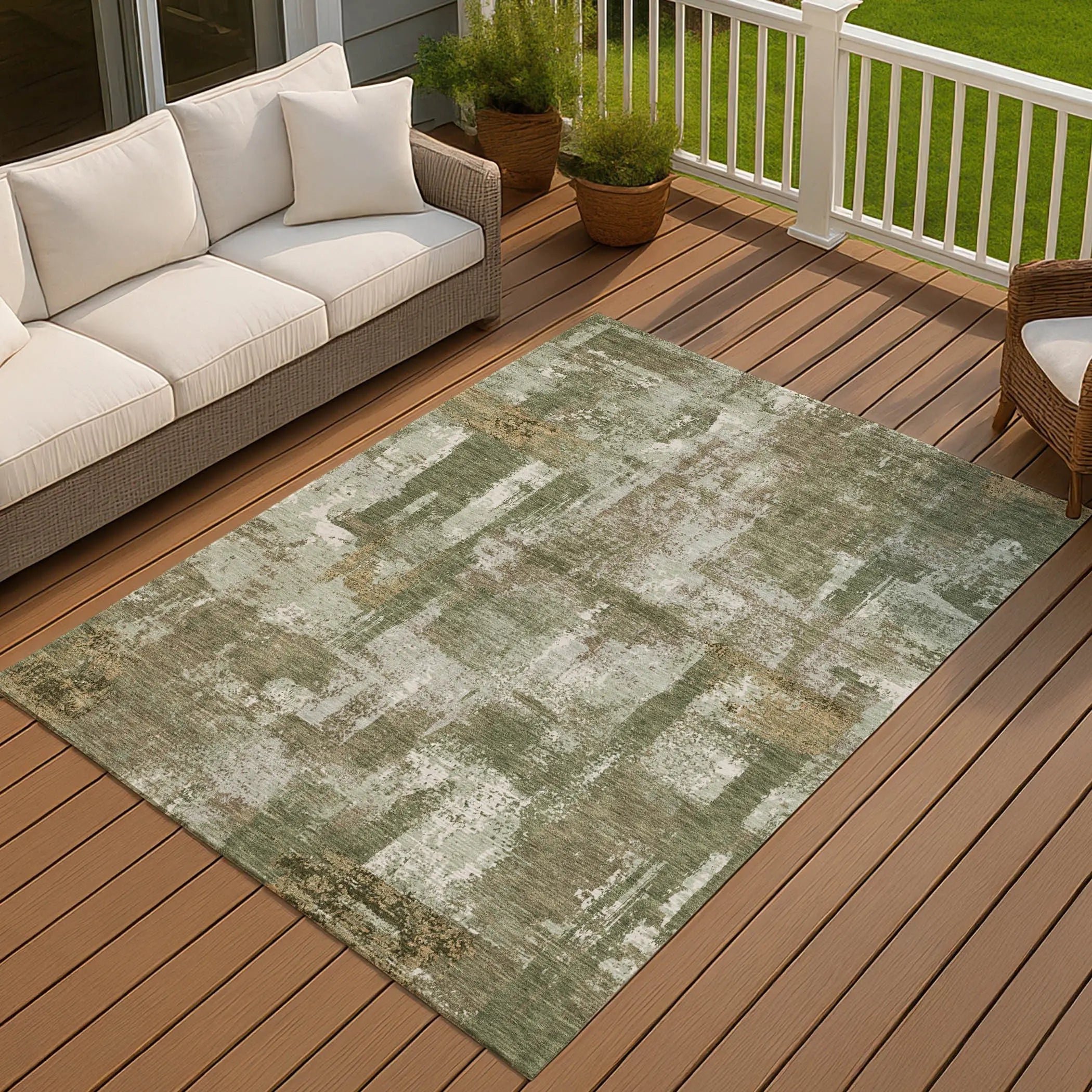 9' X 12' Olive Green And Beige Abstract Washable Indoor Outdoor Area Rug Homeroots Outdoor