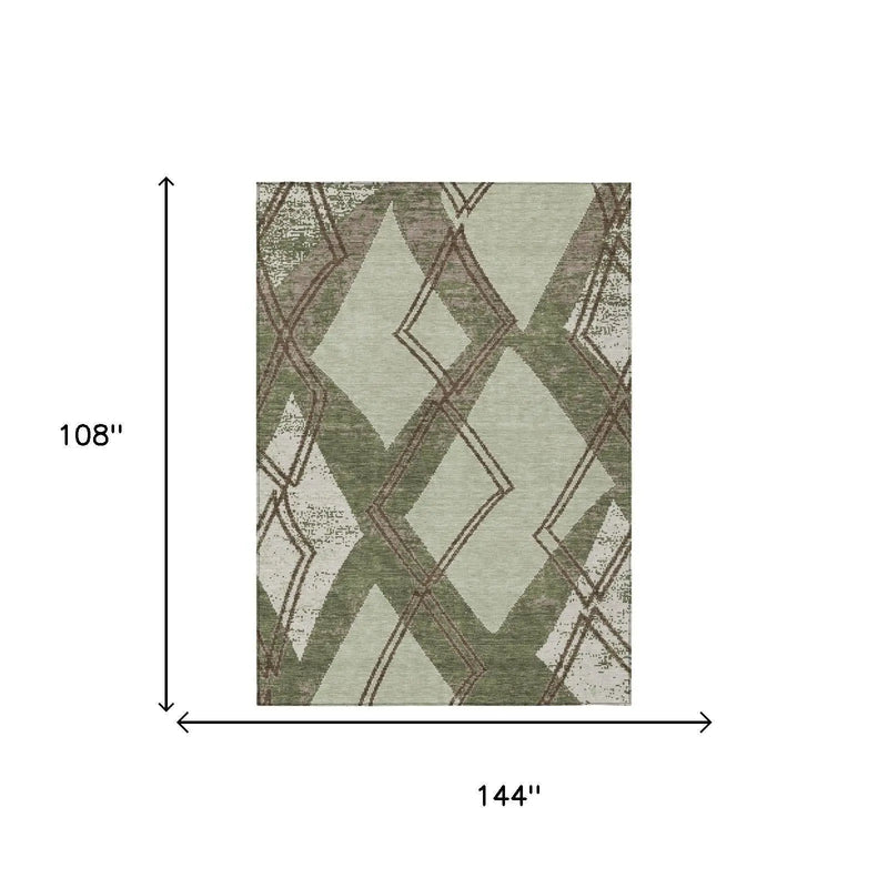 9' X 12' Olive Green And Beige Geometric Washable Indoor Outdoor Area Rug Homeroots Outdoor