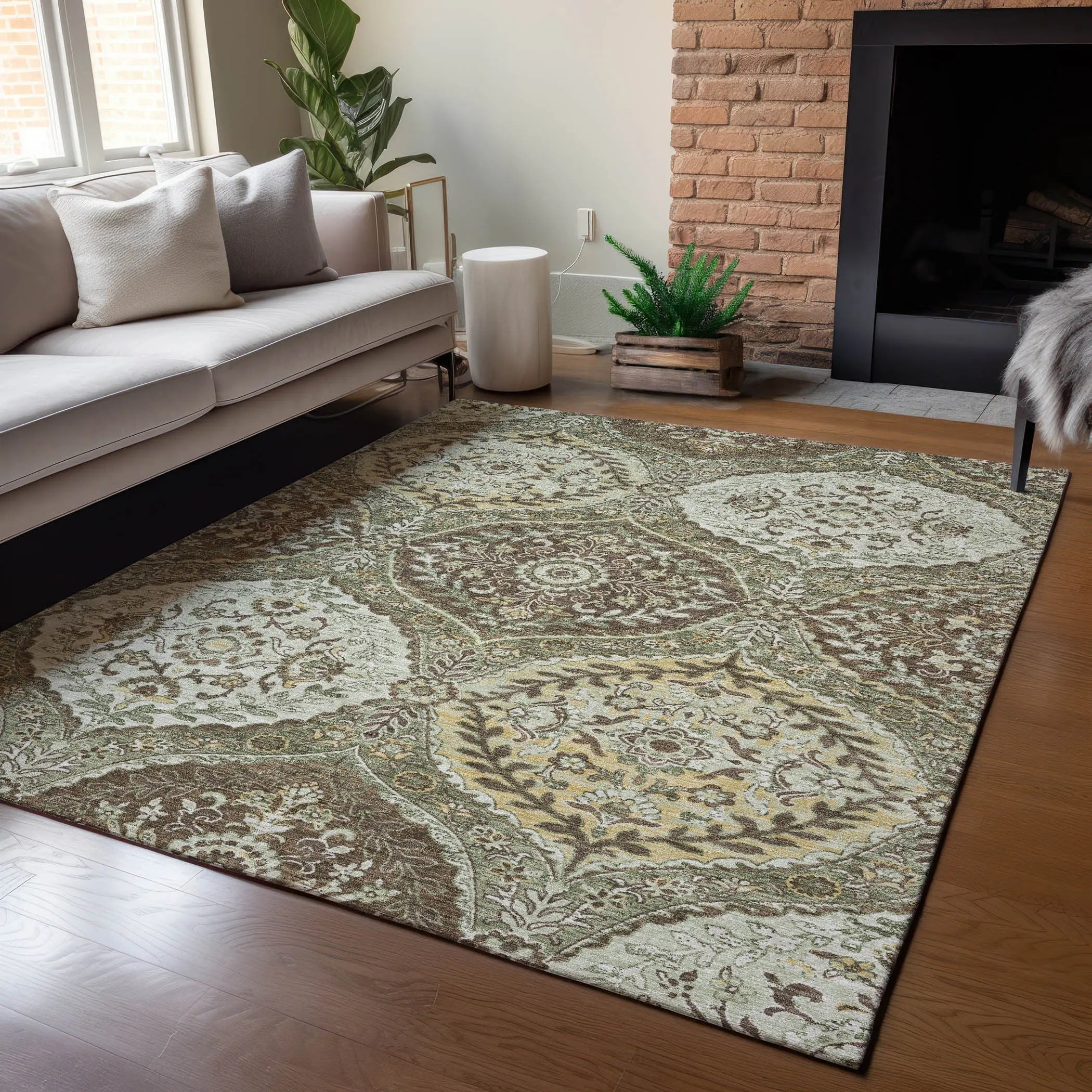 9' X 12' Olive Green And Blue Ogee Washable Indoor Outdoor Area Rug Homeroots Outdoor