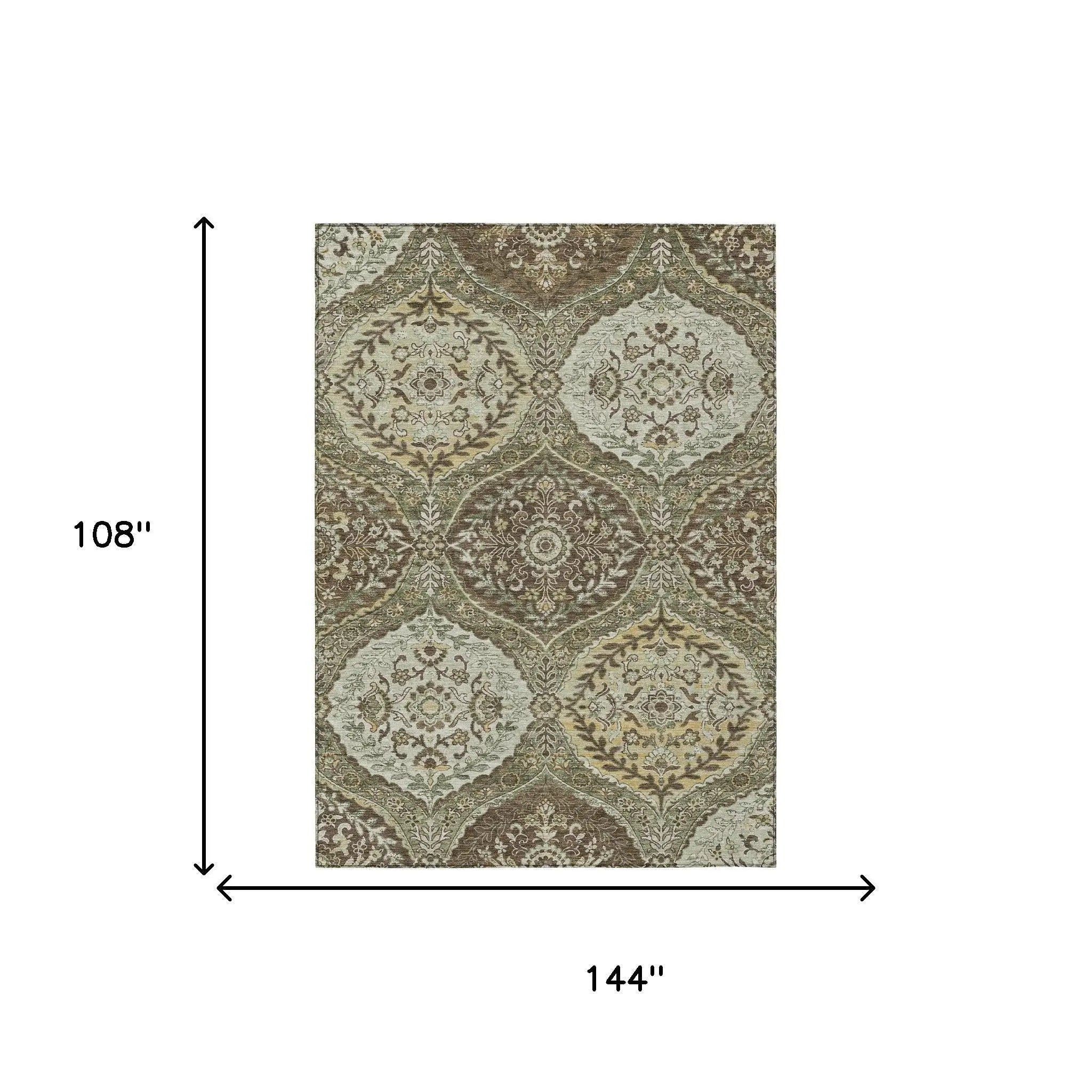 9' X 12' Olive Green And Blue Ogee Washable Indoor Outdoor Area Rug Homeroots Outdoor