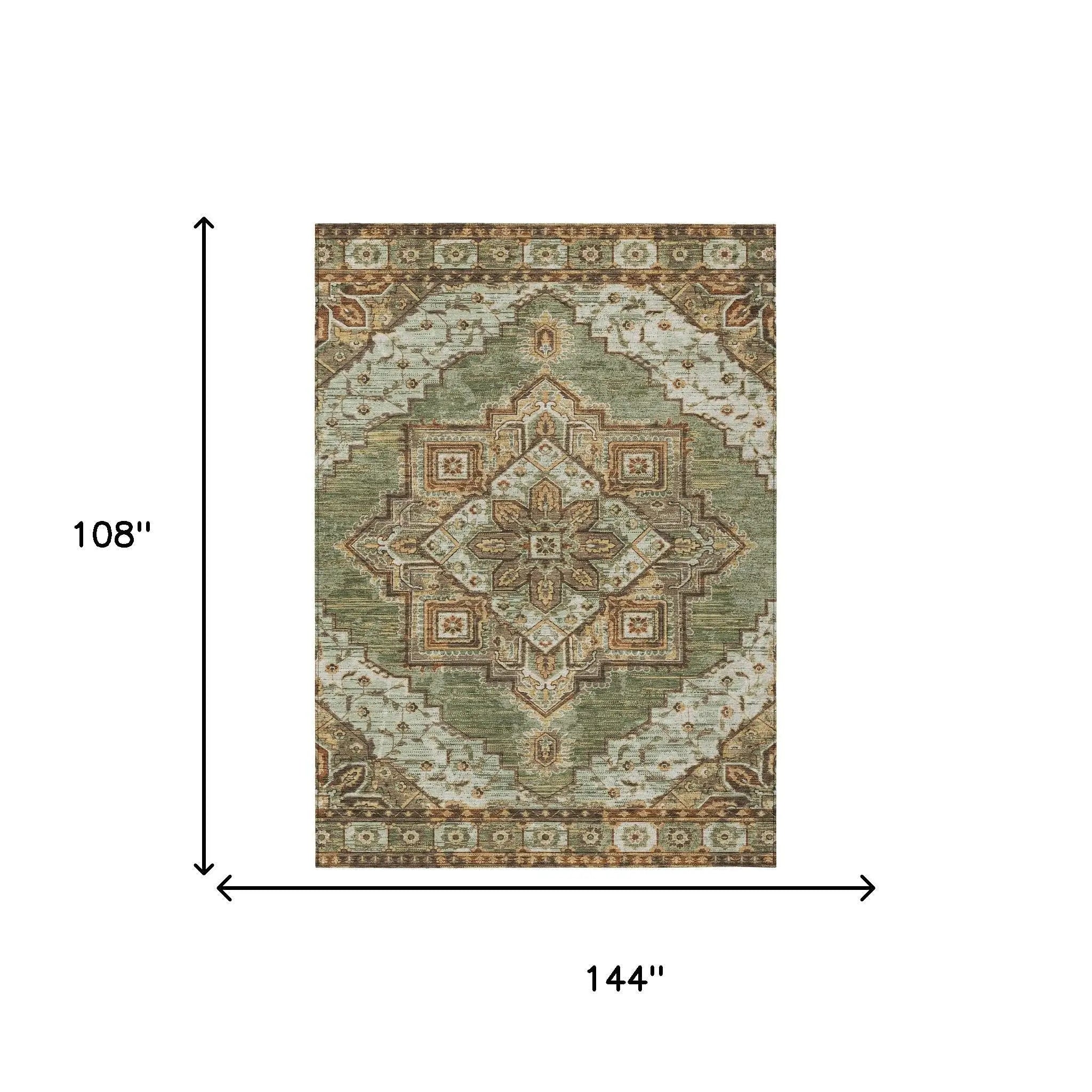 9' X 12' Olive Green And Blue Oriental Washable Indoor Outdoor Area Rug Homeroots Outdoor
