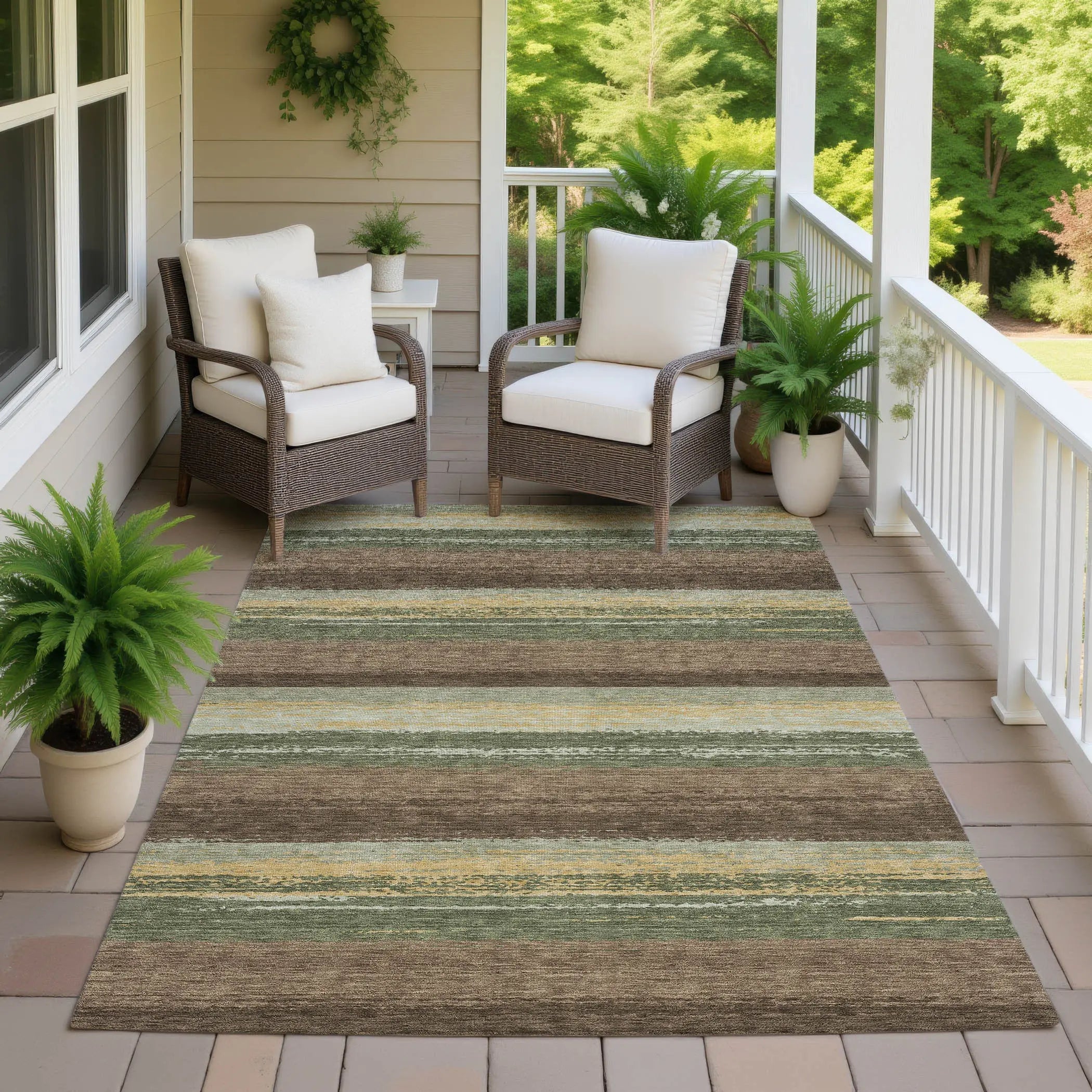 9' X 12' Olive Green And Blue Striped Washable Indoor Outdoor Area Rug Homeroots Outdoor