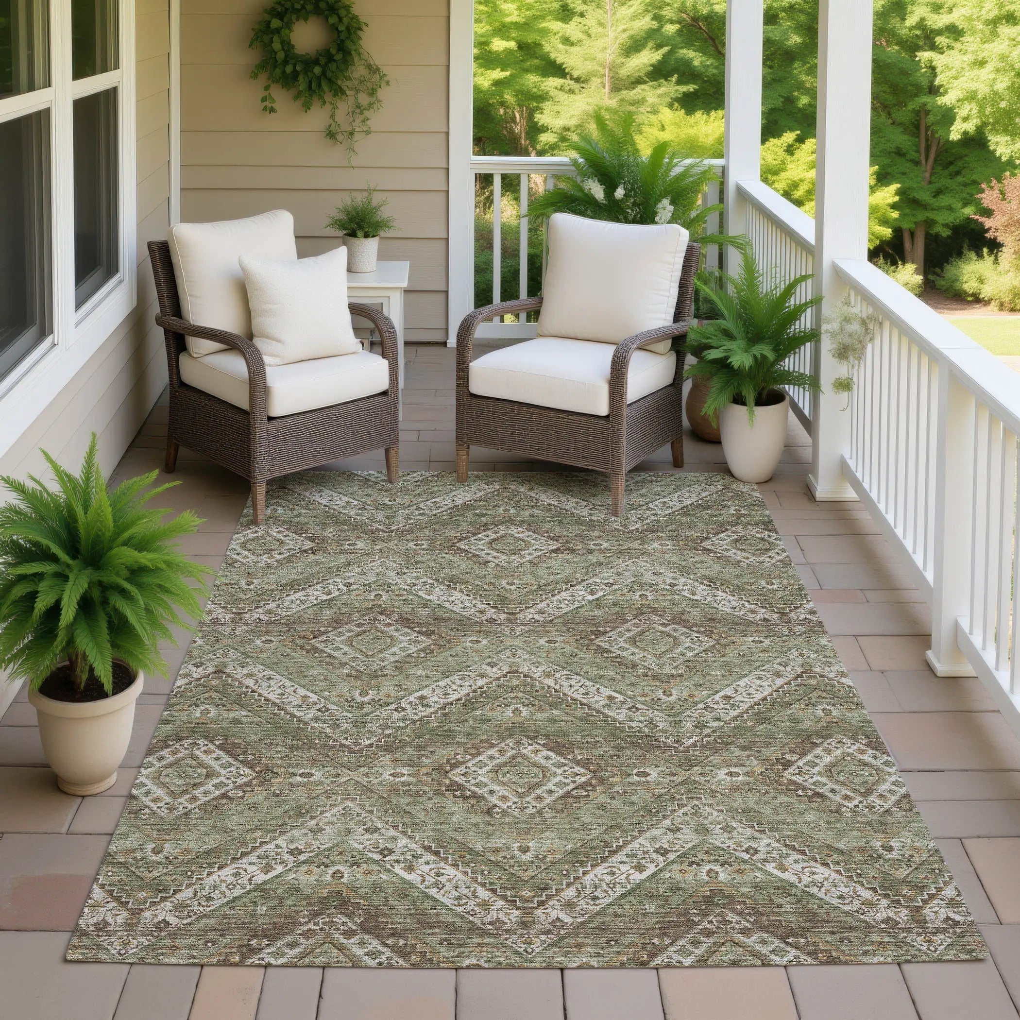 9' X 12' Olive Green And Blue Tribal Washable Indoor Outdoor Area Rug Homeroots Outdoor