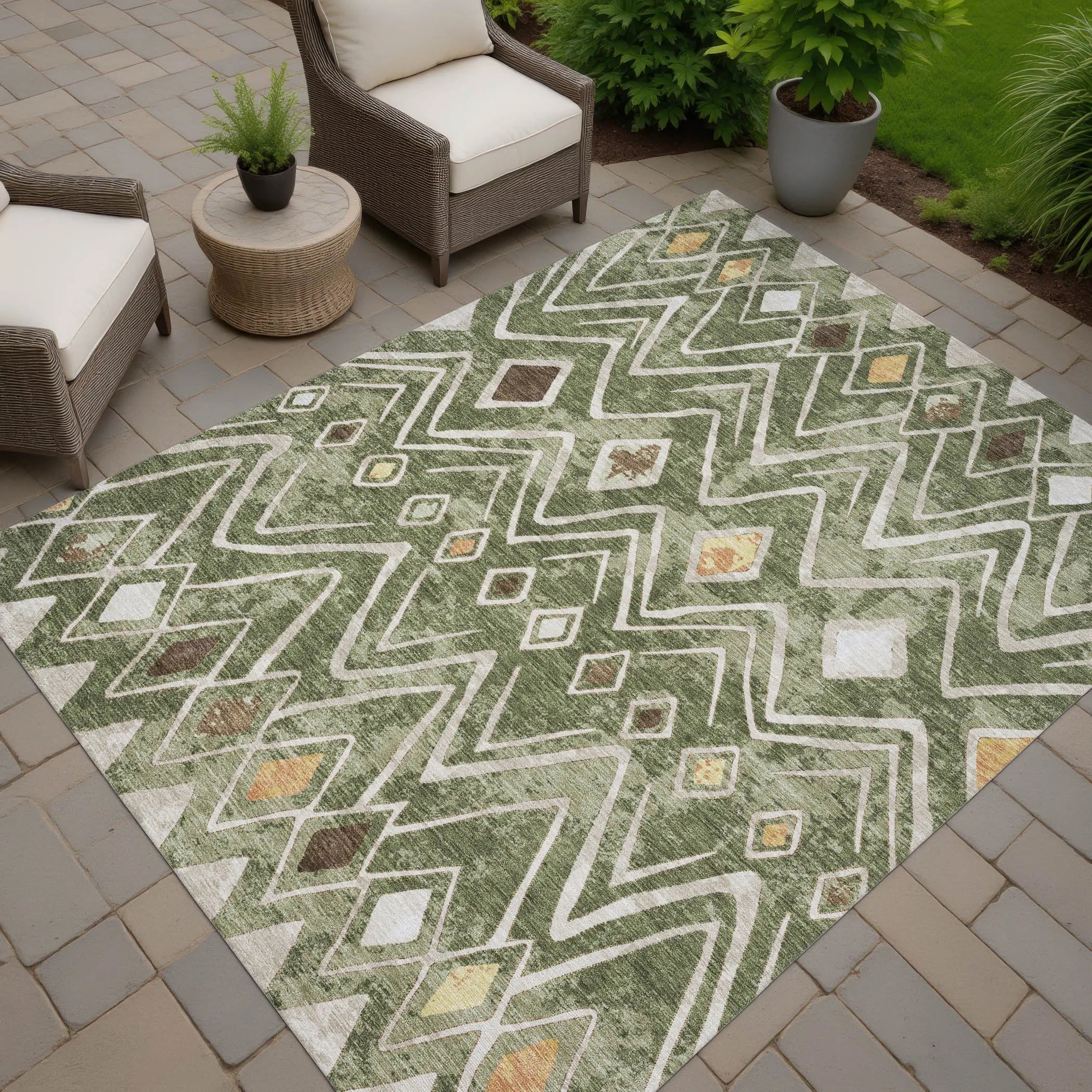 9' X 12' Olive Green And Brown Geometric Washable Indoor Outdoor Area Rug Homeroots Outdoor