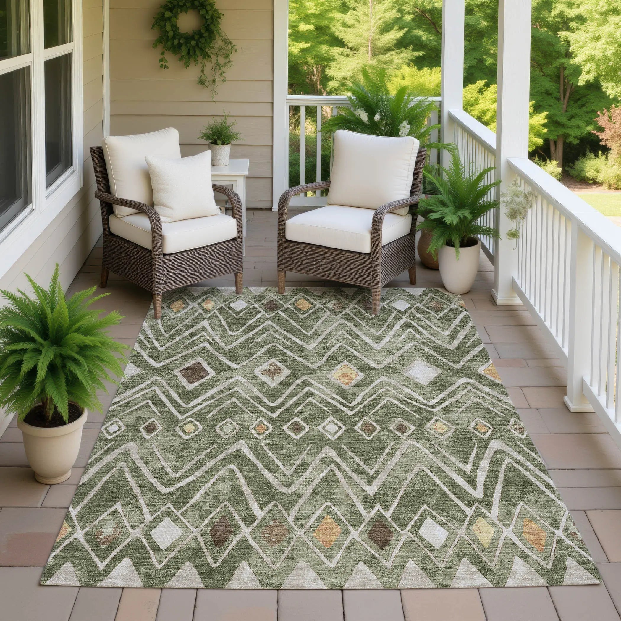 9' X 12' Olive Green And Brown Geometric Washable Indoor Outdoor Area Rug Homeroots Outdoor