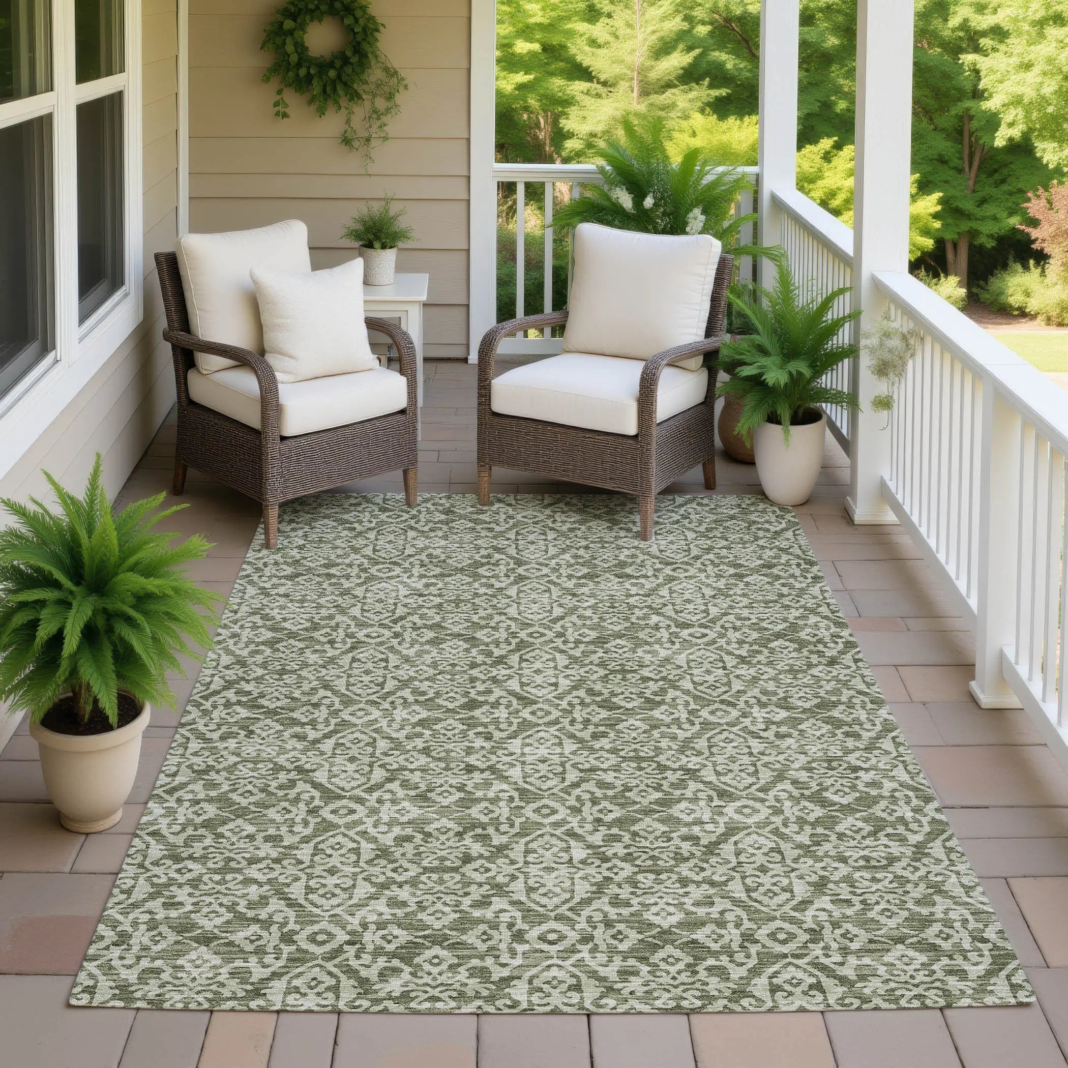 9' X 12' Olive Green And Brown Oriental Washable Indoor Outdoor Area Rug Homeroots Outdoor