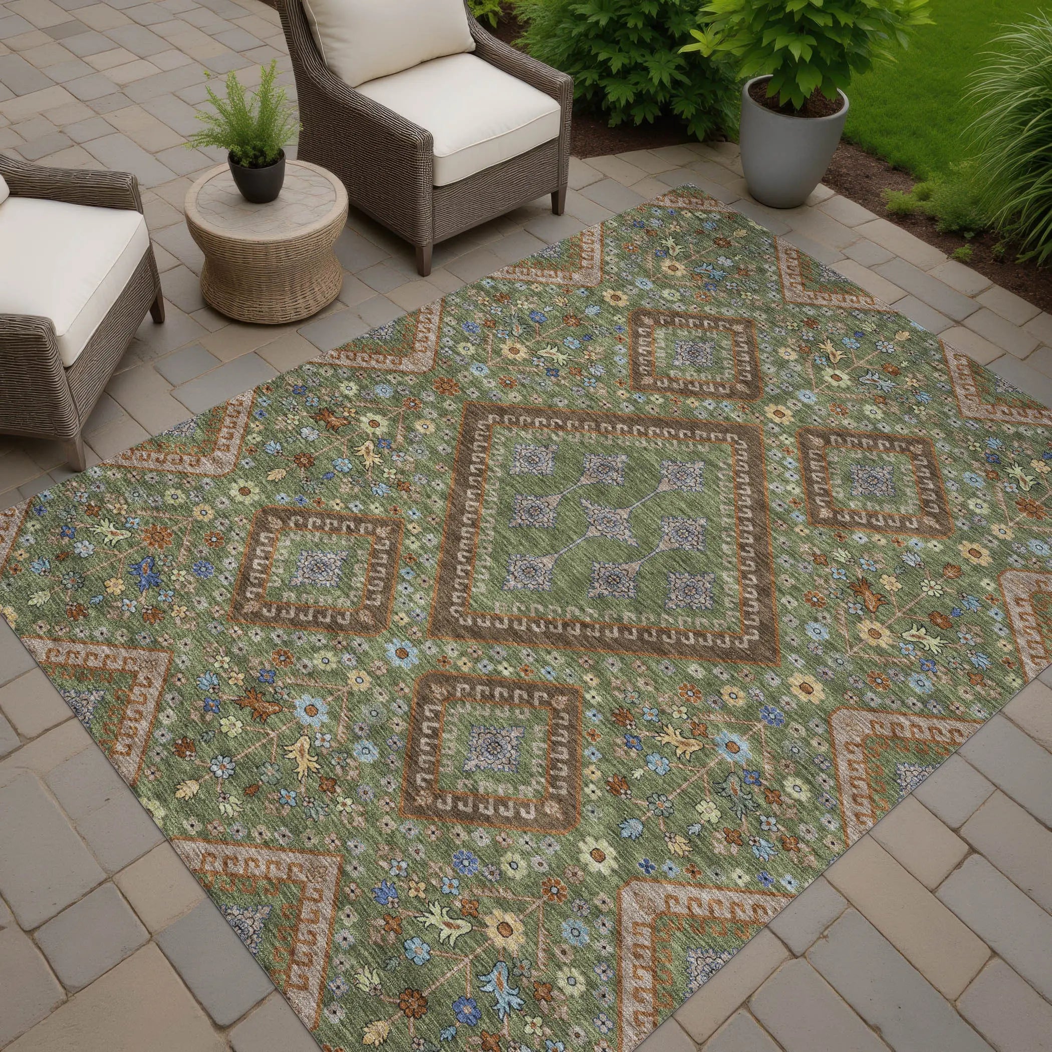 9' X 12' Olive Green And Chocolate Medallion Washable Indoor Outdoor Area Rug Homeroots Outdoor