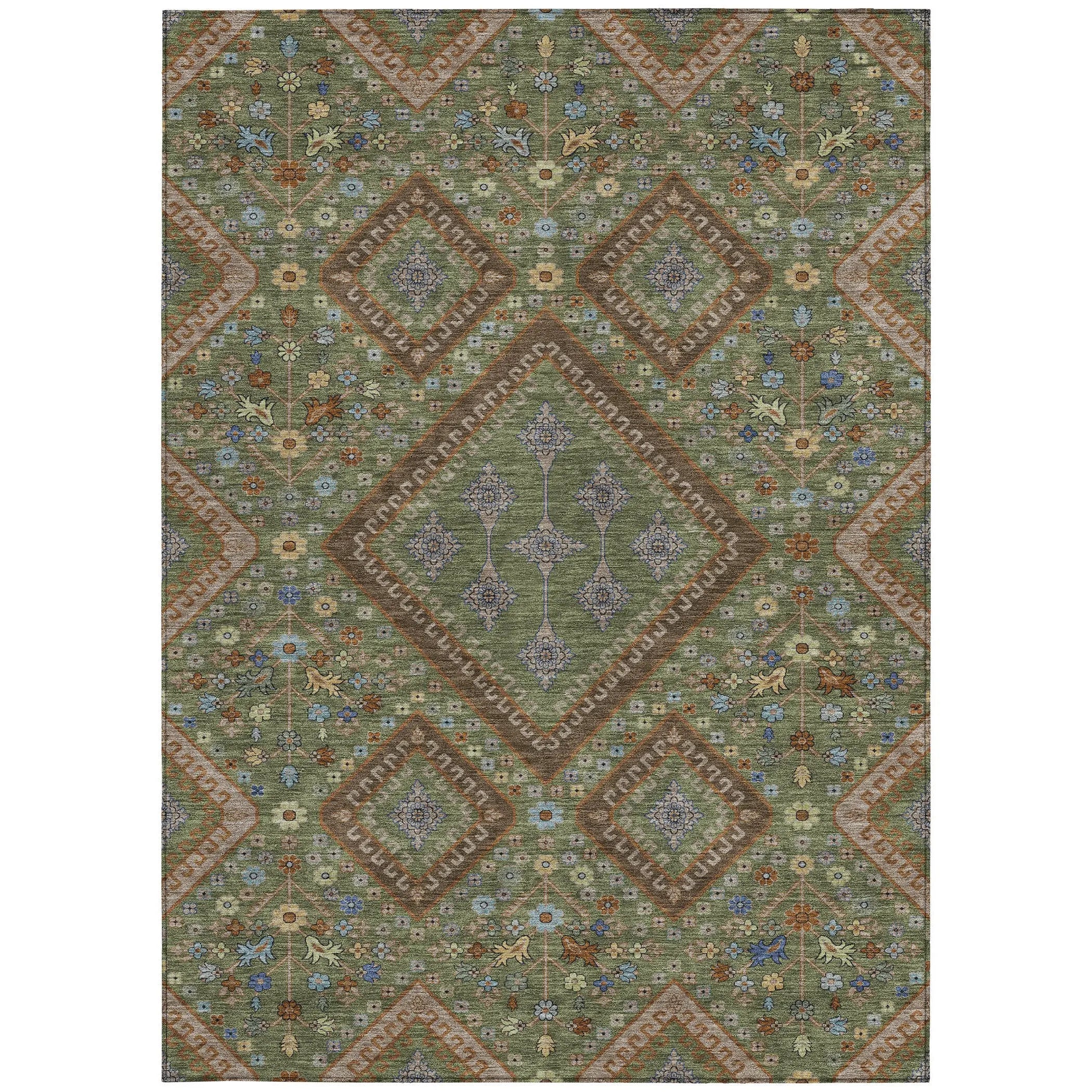 9' X 12' Olive Green And Chocolate Medallion Washable Indoor Outdoor Area Rug Homeroots Outdoor