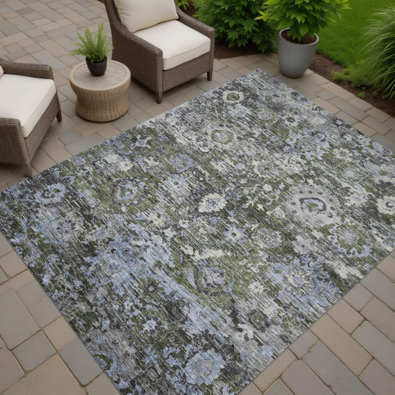 9' X 12' Olive Green And Denim Blue Floral Washable Indoor Outdoor Area Rug Homeroots Outdoor