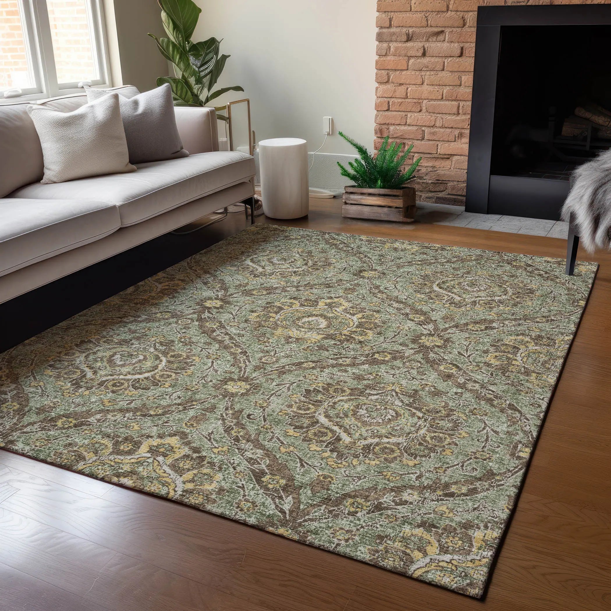 9' X 12' Olive Green And Granite Gray Floral Washable Indoor Outdoor Area Rug Homeroots Outdoor