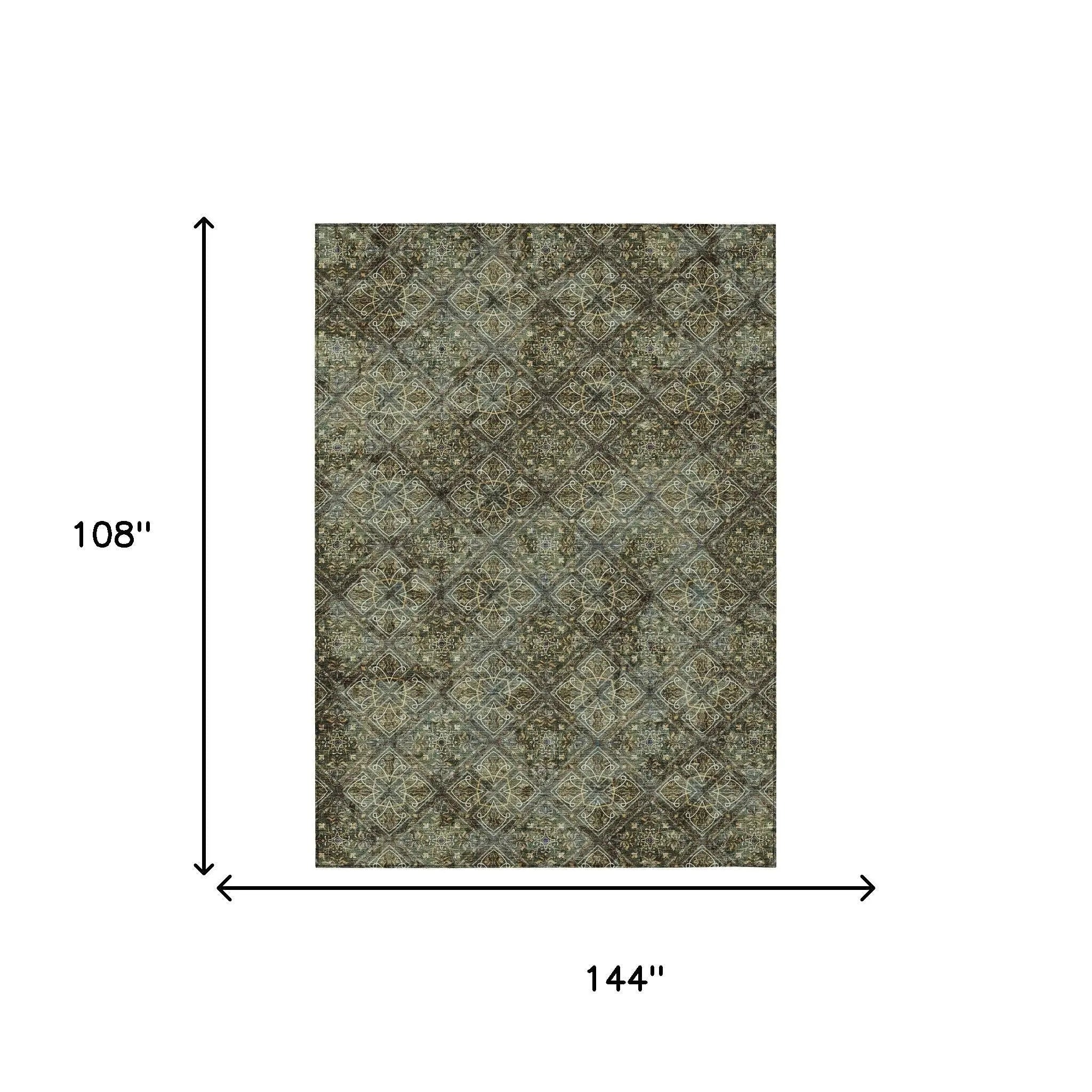 9' X 12' Olive Green And Graphite Geometric Washable Indoor Outdoor Area Rug Homeroots Outdoor