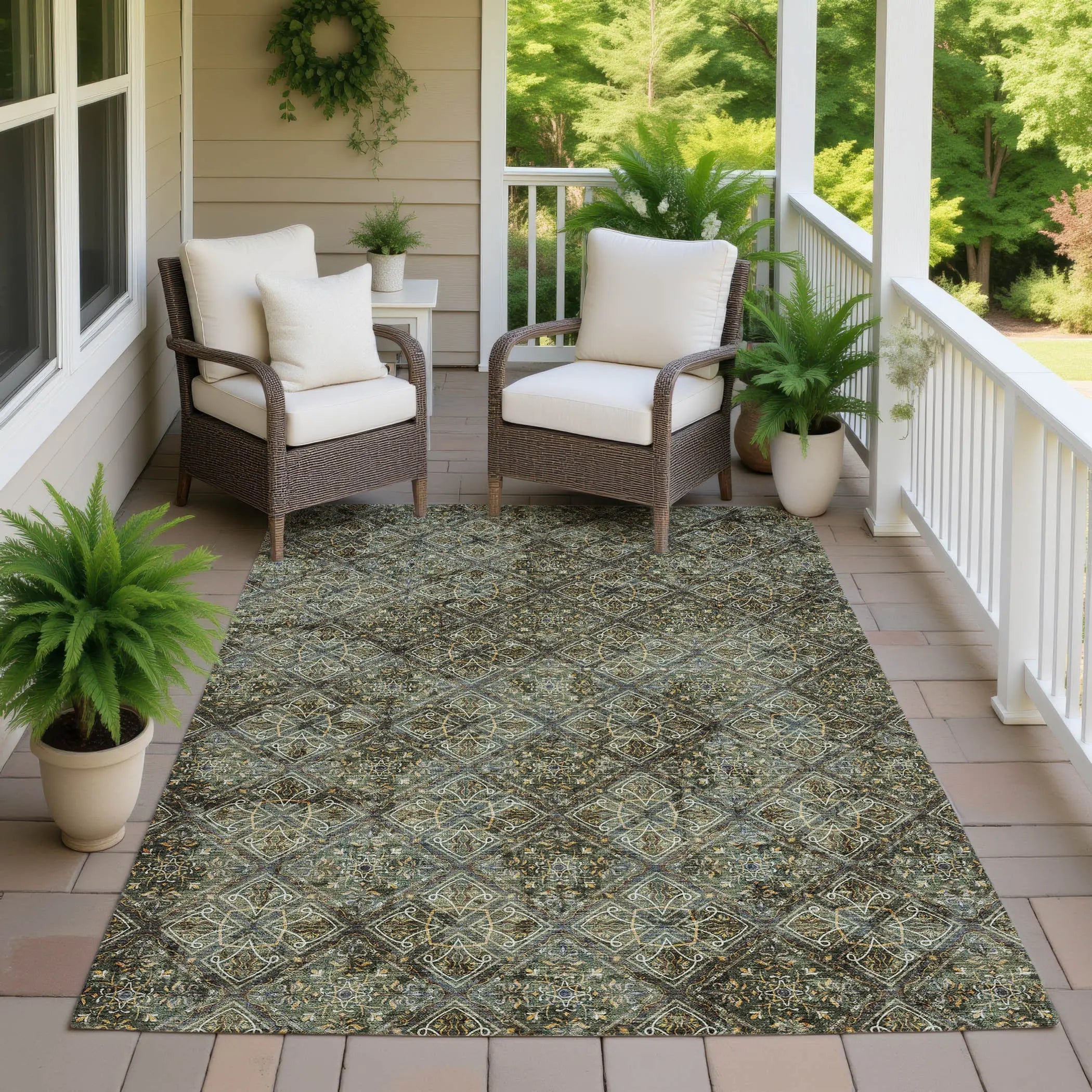 9' X 12' Olive Green And Graphite Geometric Washable Indoor Outdoor Area Rug Homeroots Outdoor