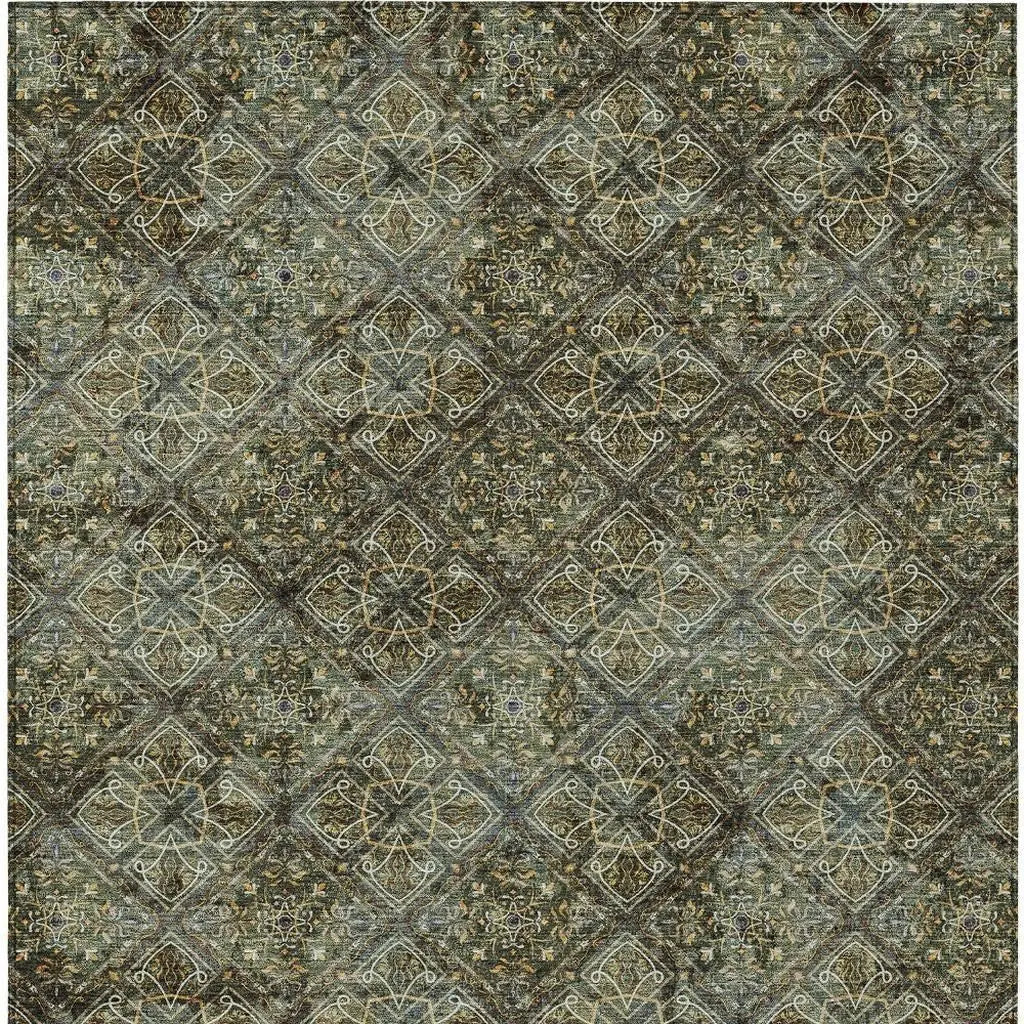 9' X 12' Olive Green And Graphite Geometric Washable Indoor Outdoor Area Rug Homeroots Outdoor