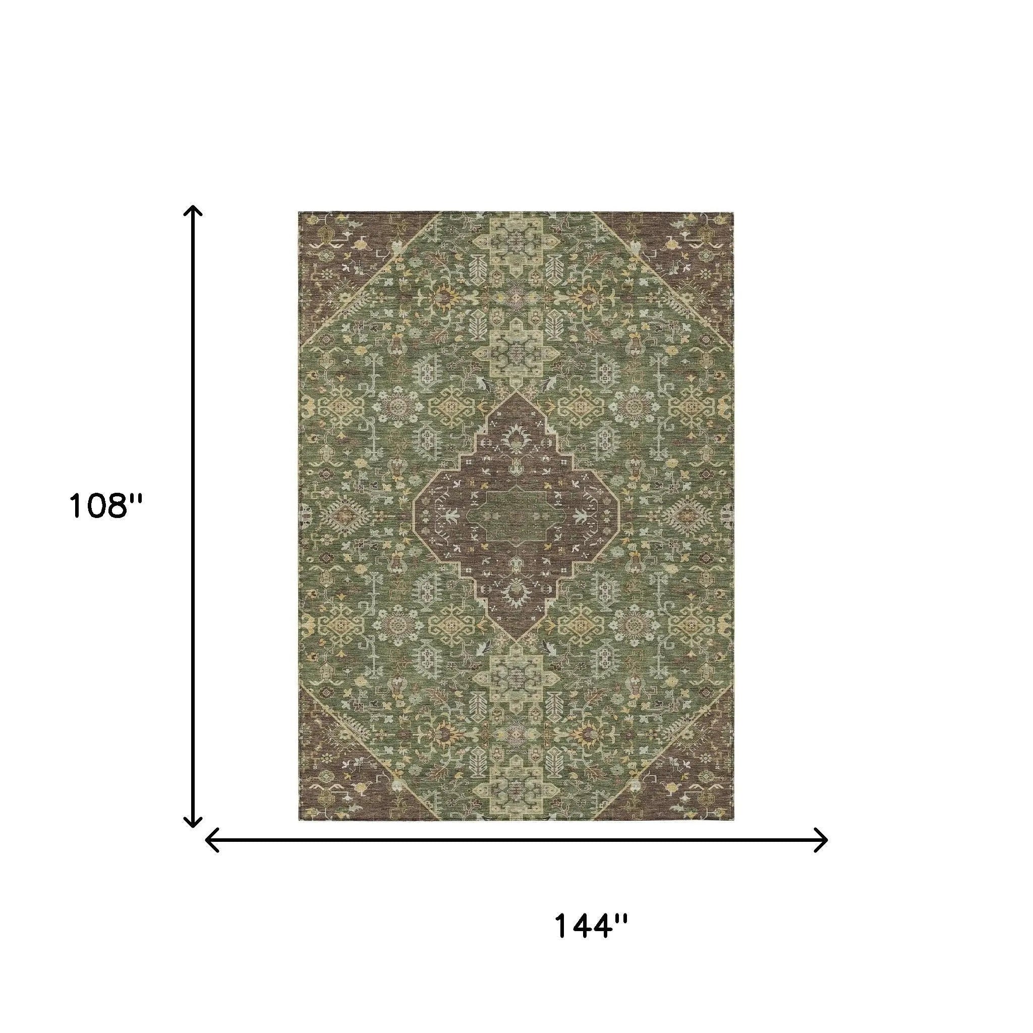 9' X 12' Olive Green And Gray Medallion Washable Indoor Outdoor Area Rug Homeroots Outdoor