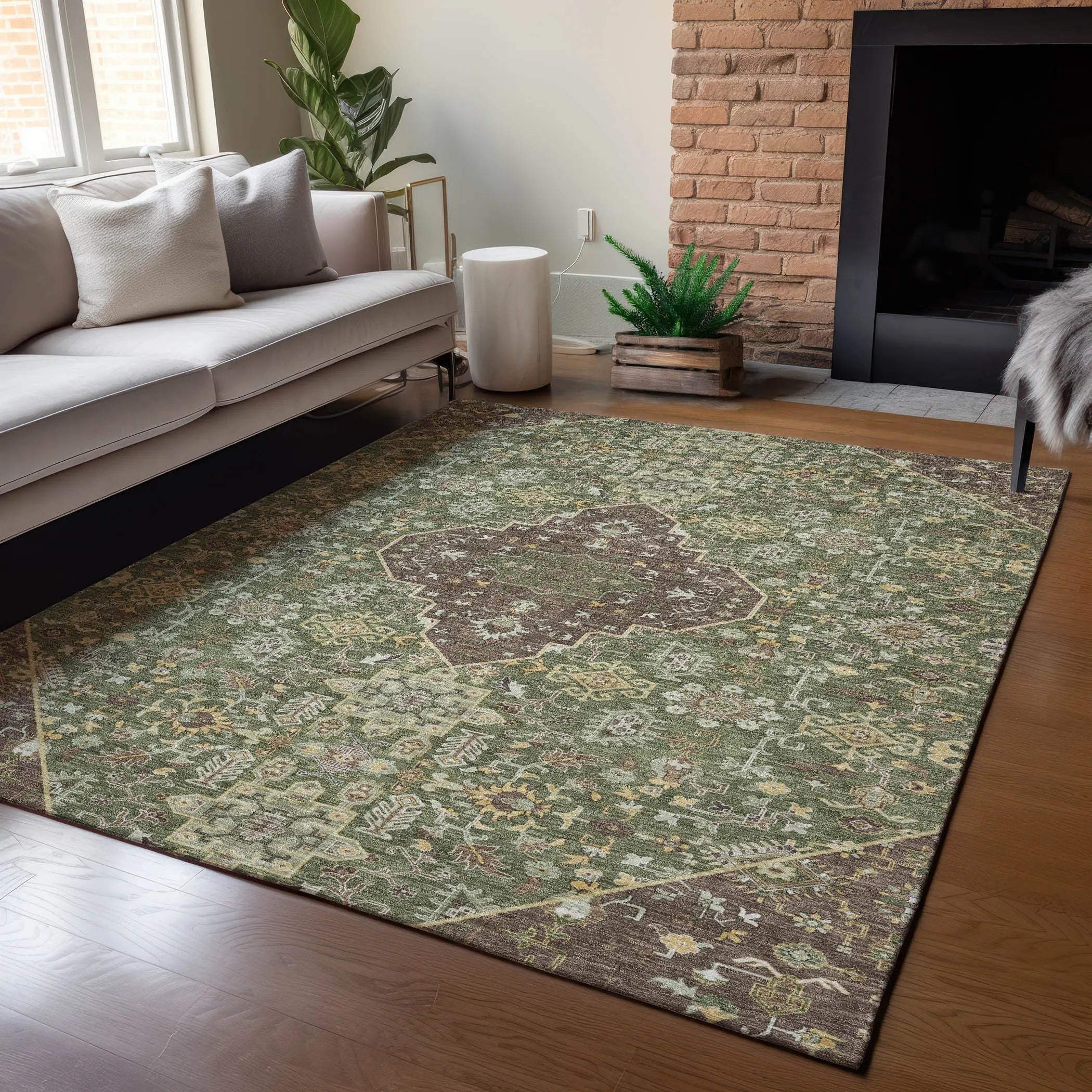 9' X 12' Olive Green And Gray Medallion Washable Indoor Outdoor Area Rug Homeroots Outdoor