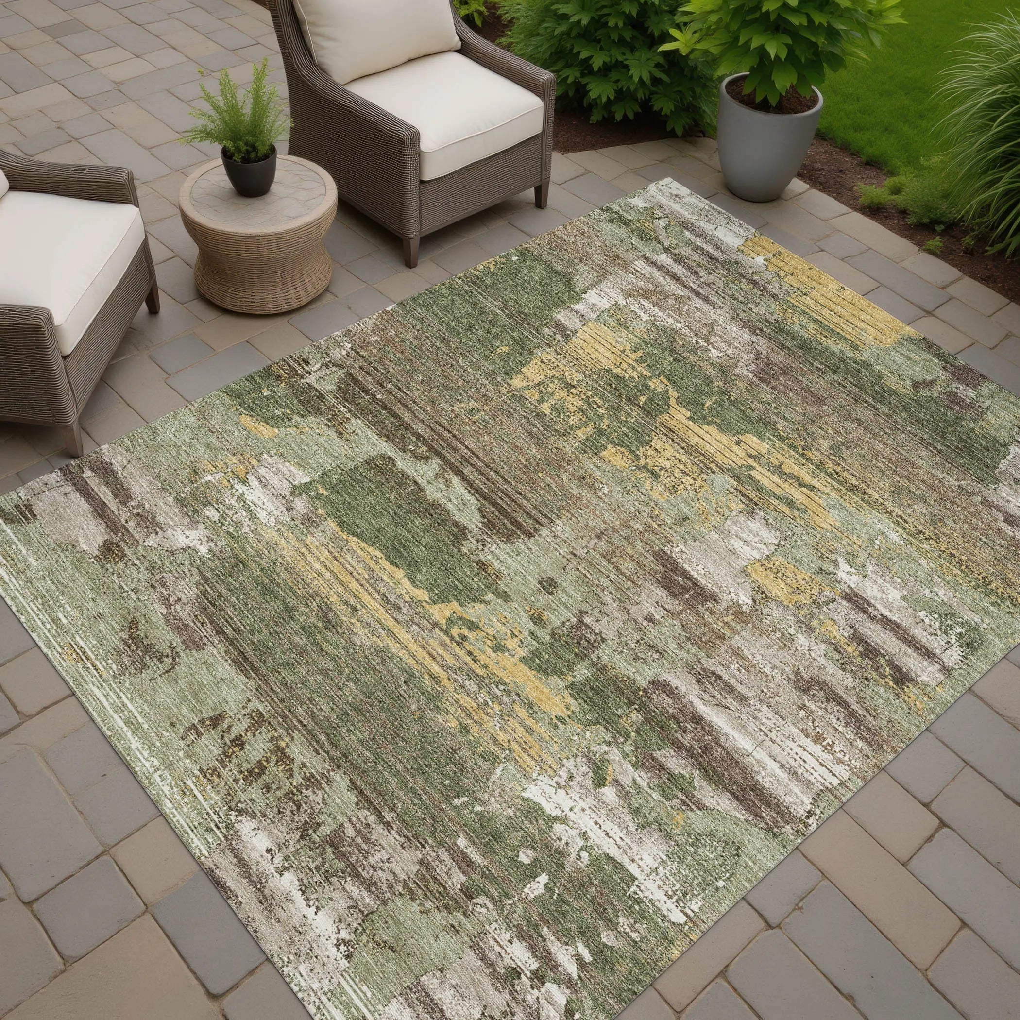 9' X 12' Olive Green And Green Abstract Washable Indoor Outdoor Area Rug Homeroots Outdoor