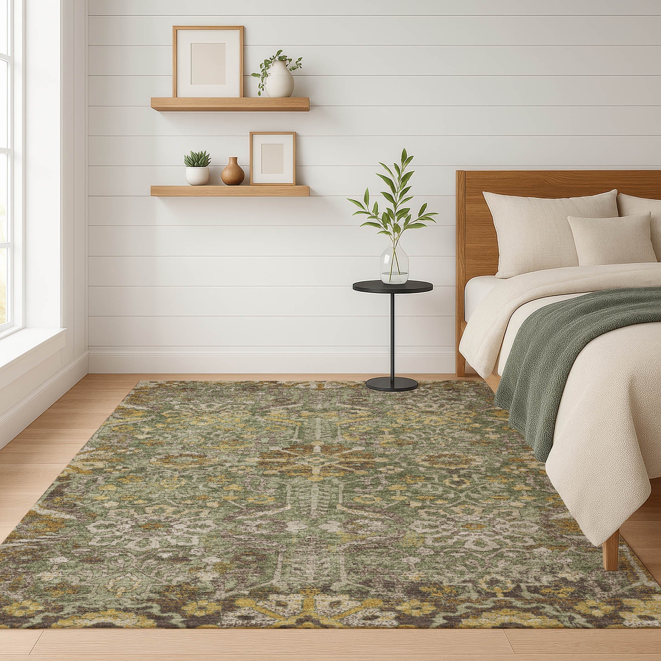 9' X 12' Olive Green And Green Damask Washable Indoor Outdoor Area Rug Homeroots Outdoor