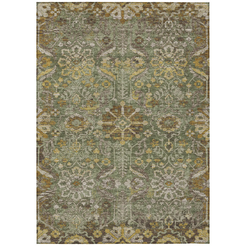 9' X 12' Olive Green And Green Damask Washable Indoor Outdoor Area Rug Homeroots Outdoor
