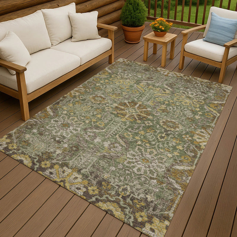 9' X 12' Olive Green And Green Damask Washable Indoor Outdoor Area Rug Homeroots Outdoor