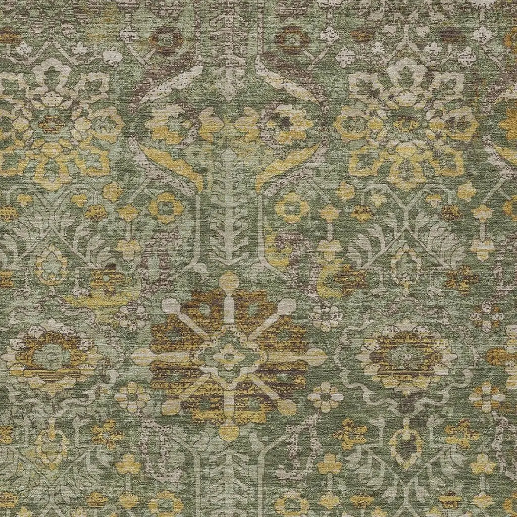 9' X 12' Olive Green And Green Damask Washable Indoor Outdoor Area Rug Homeroots Outdoor