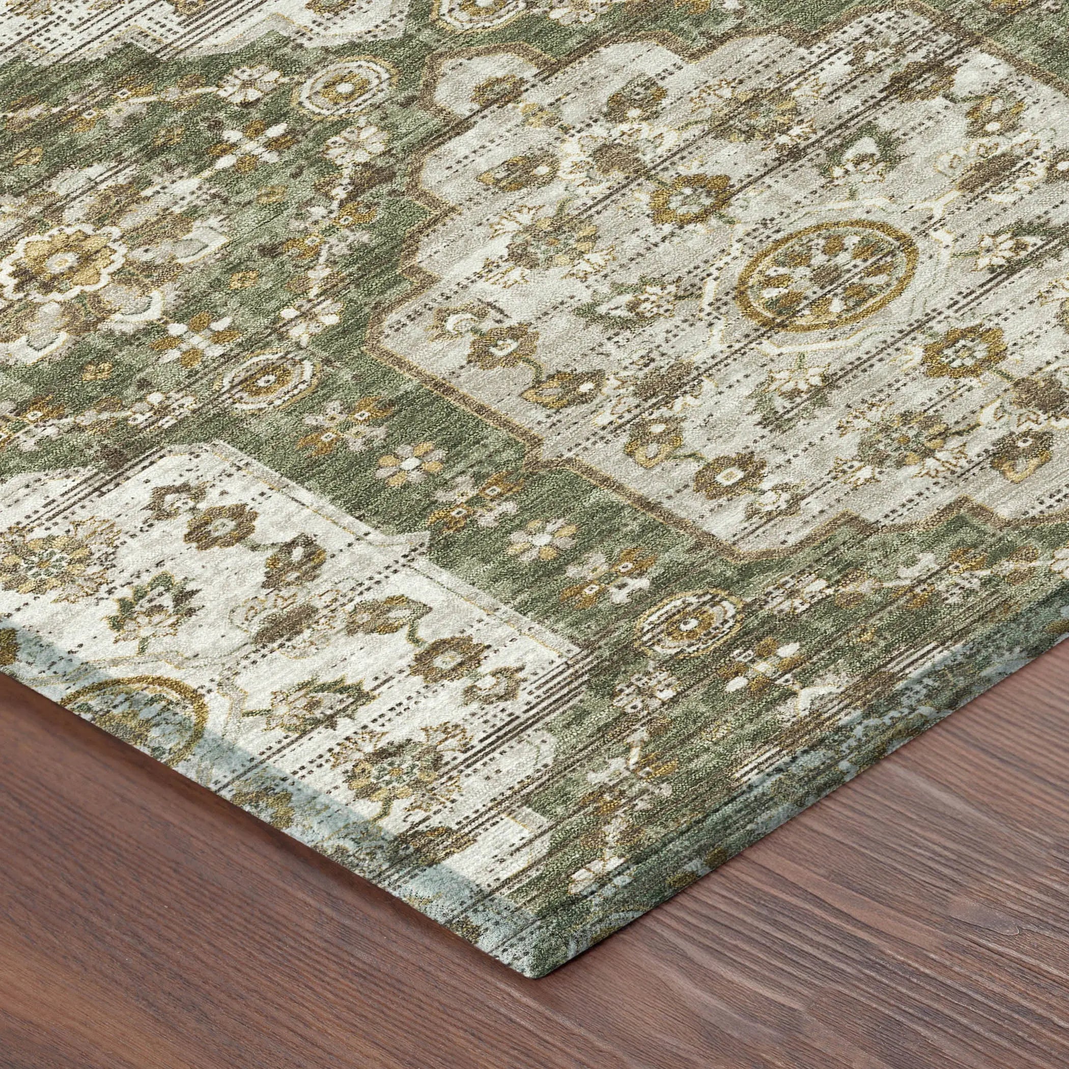 9' X 12' Olive Green And Green Damask Washable Indoor Outdoor Area Rug Homeroots Outdoor