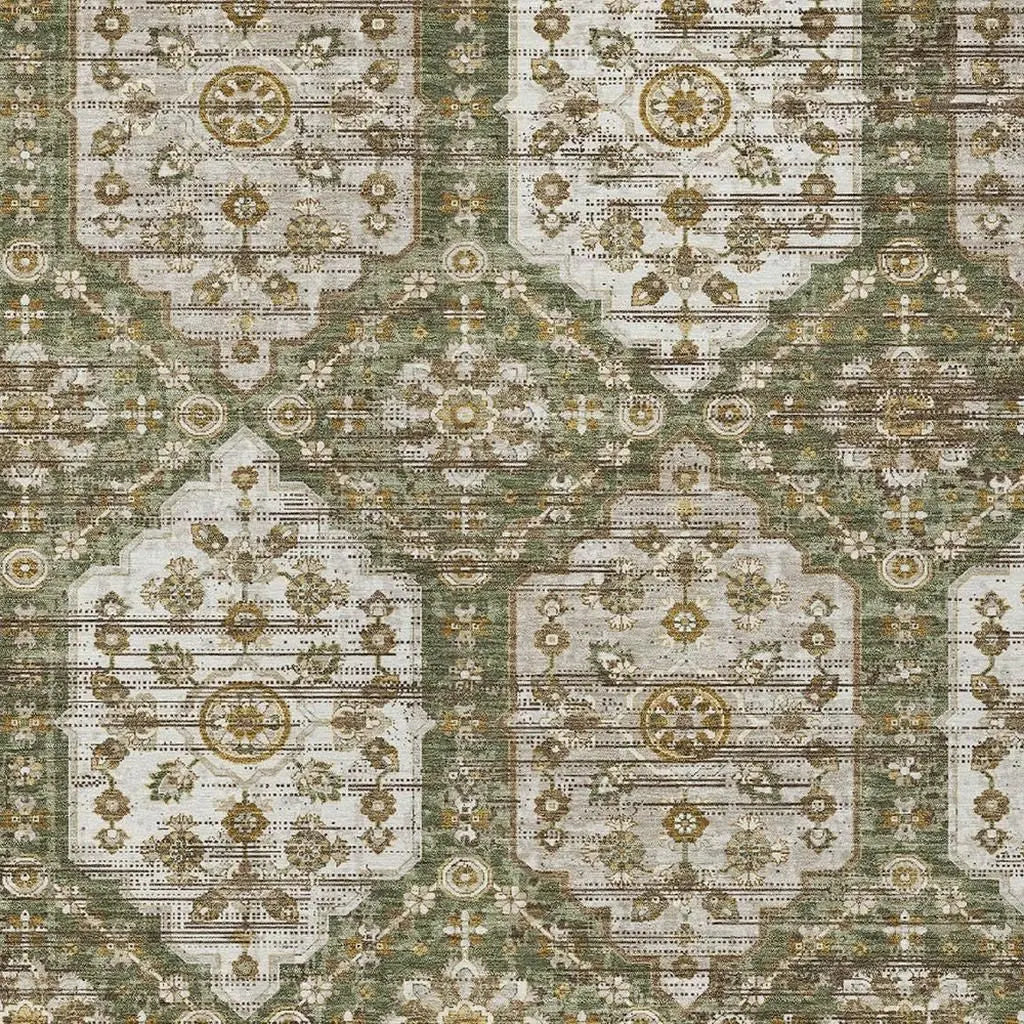 9' X 12' Olive Green And Green Damask Washable Indoor Outdoor Area Rug Homeroots Outdoor